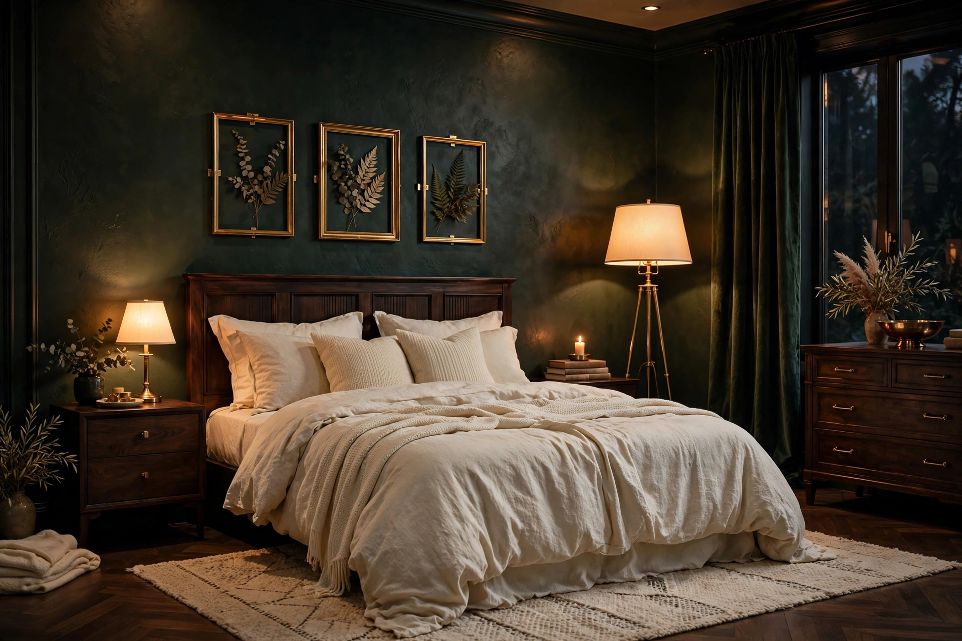 Dramatic bedroom with deep forest green walls brass lamp and cream bedding