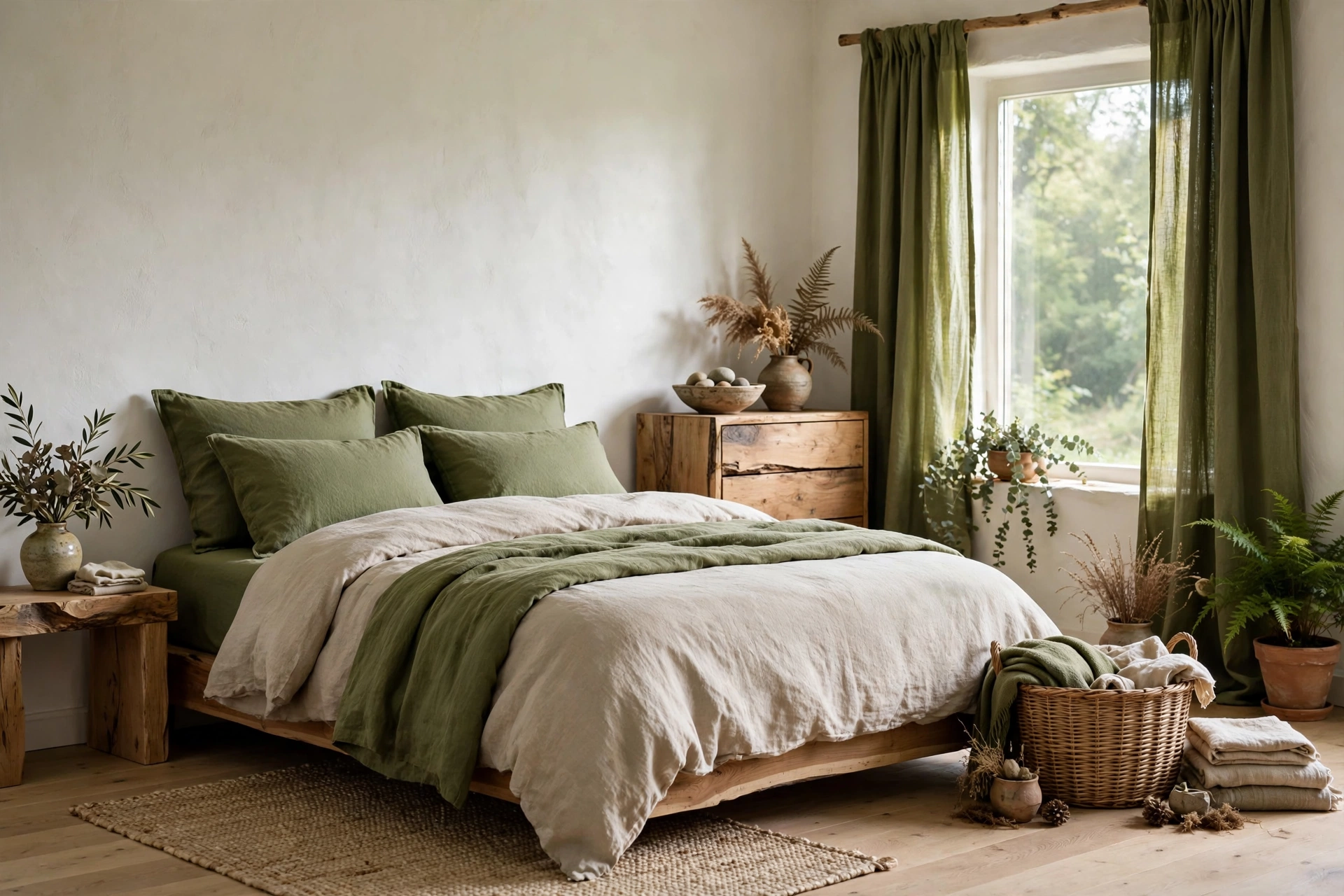 Earthy bedroom with moss green textiles and natural unbleached linen bedding