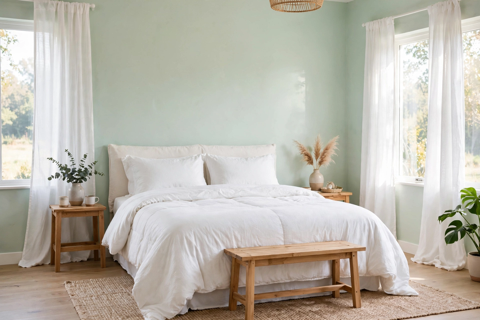 Fresh bedroom with pale mint walls crisp white bedding and wood bench