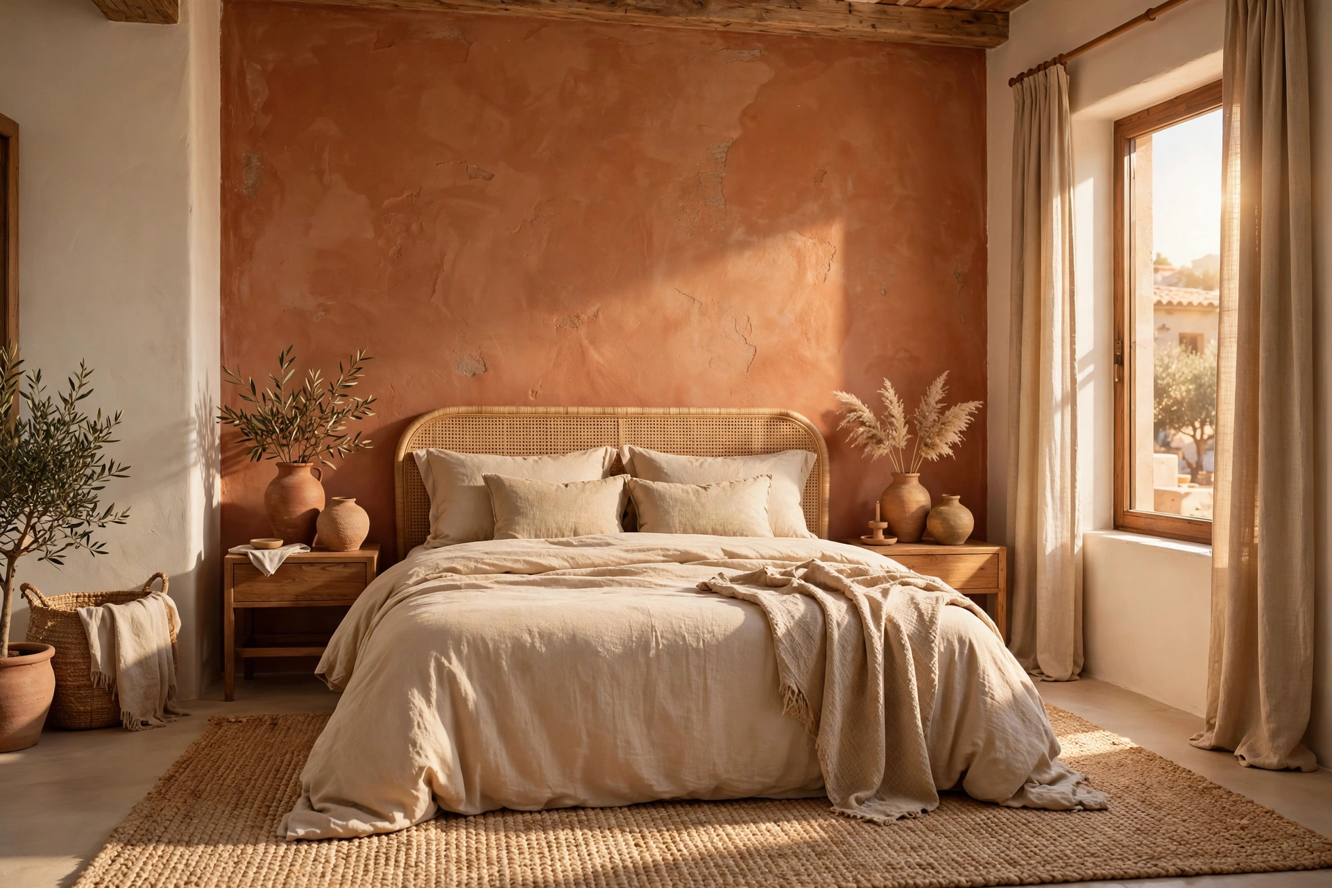 Warm bedroom with terracotta accent wall and beige bedding with clay vases