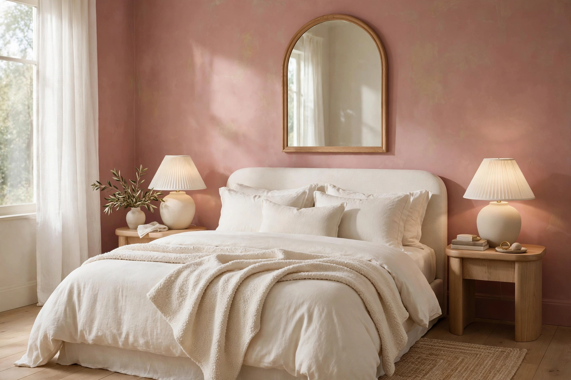 Soft bedroom with clay pink walls ivory bedding and arched mirror