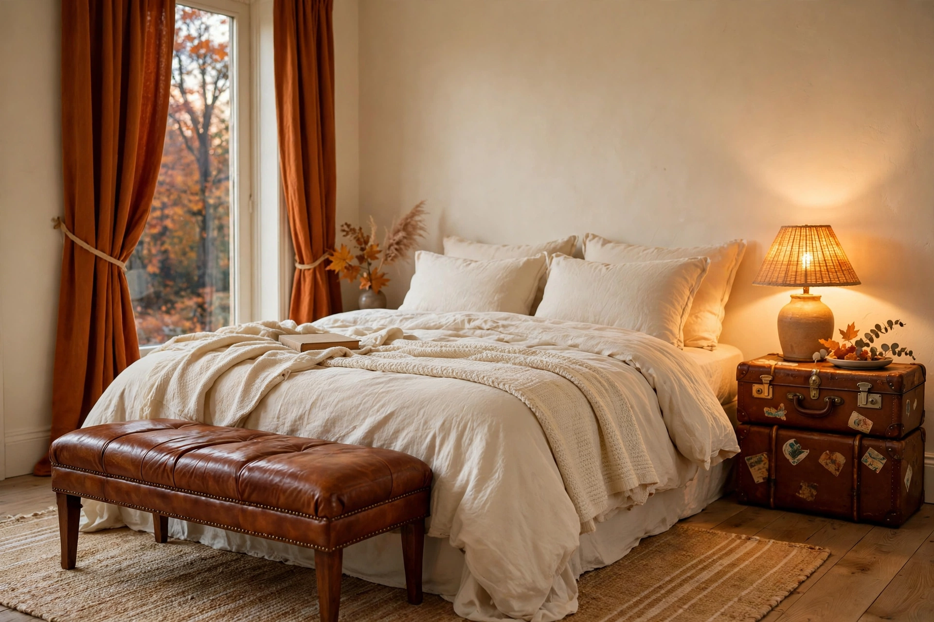 Cozy bedroom with burnt orange curtains cream walls and leather bench
