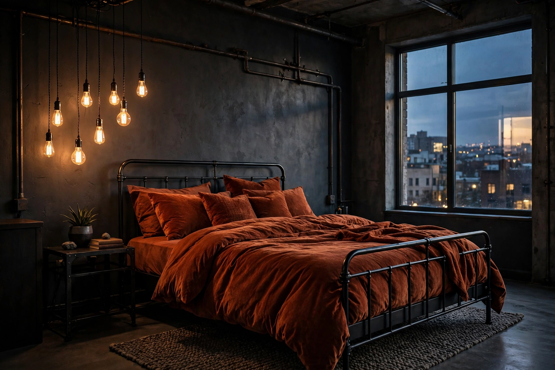 Moody bedroom with charcoal walls rust velvet bedding and black metal frame