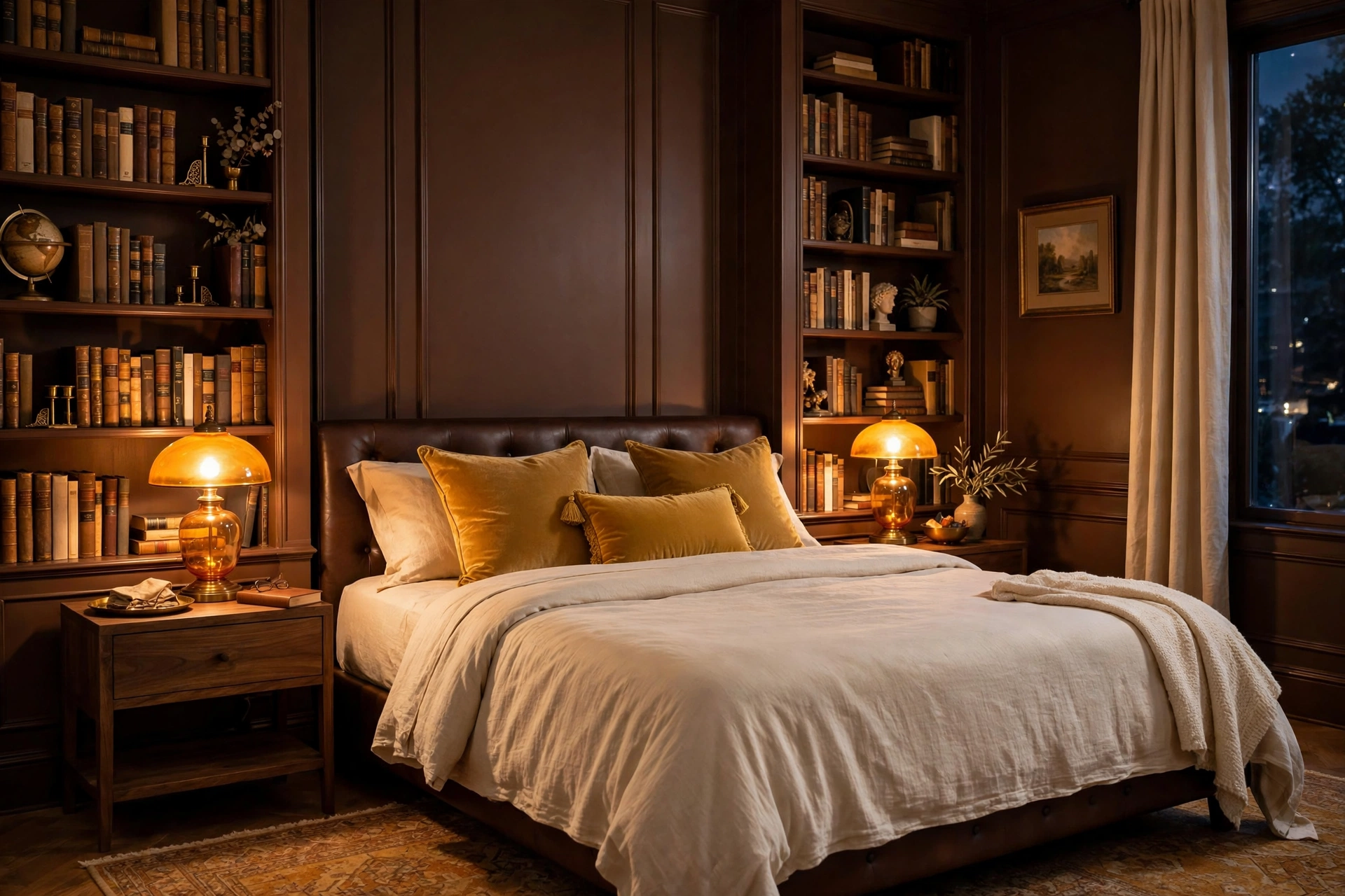Rich bedroom with chocolate brown walls amber glass lamps and cream sheets
