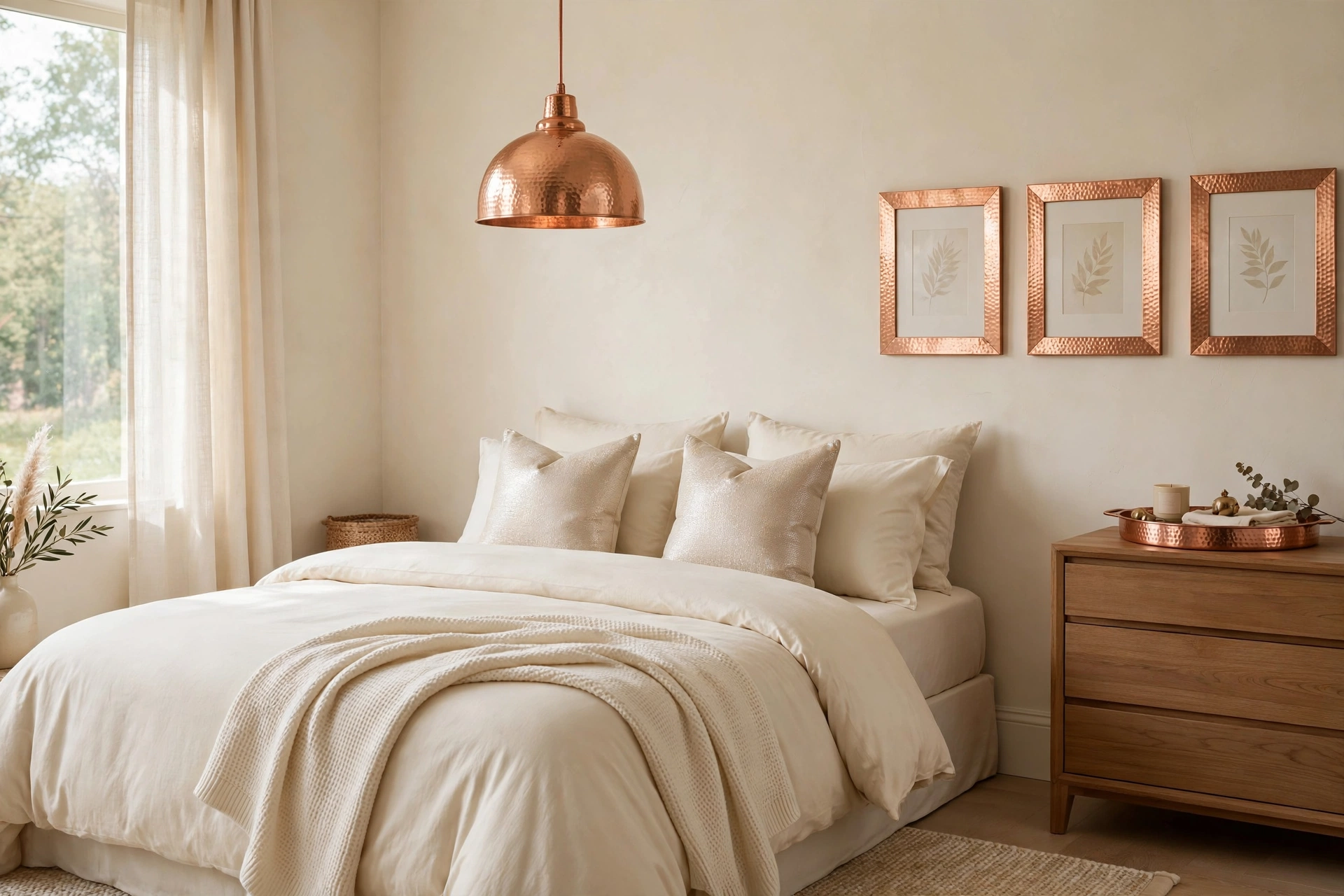 Elegant bedroom with cream walls copper pendant light and metallic accents