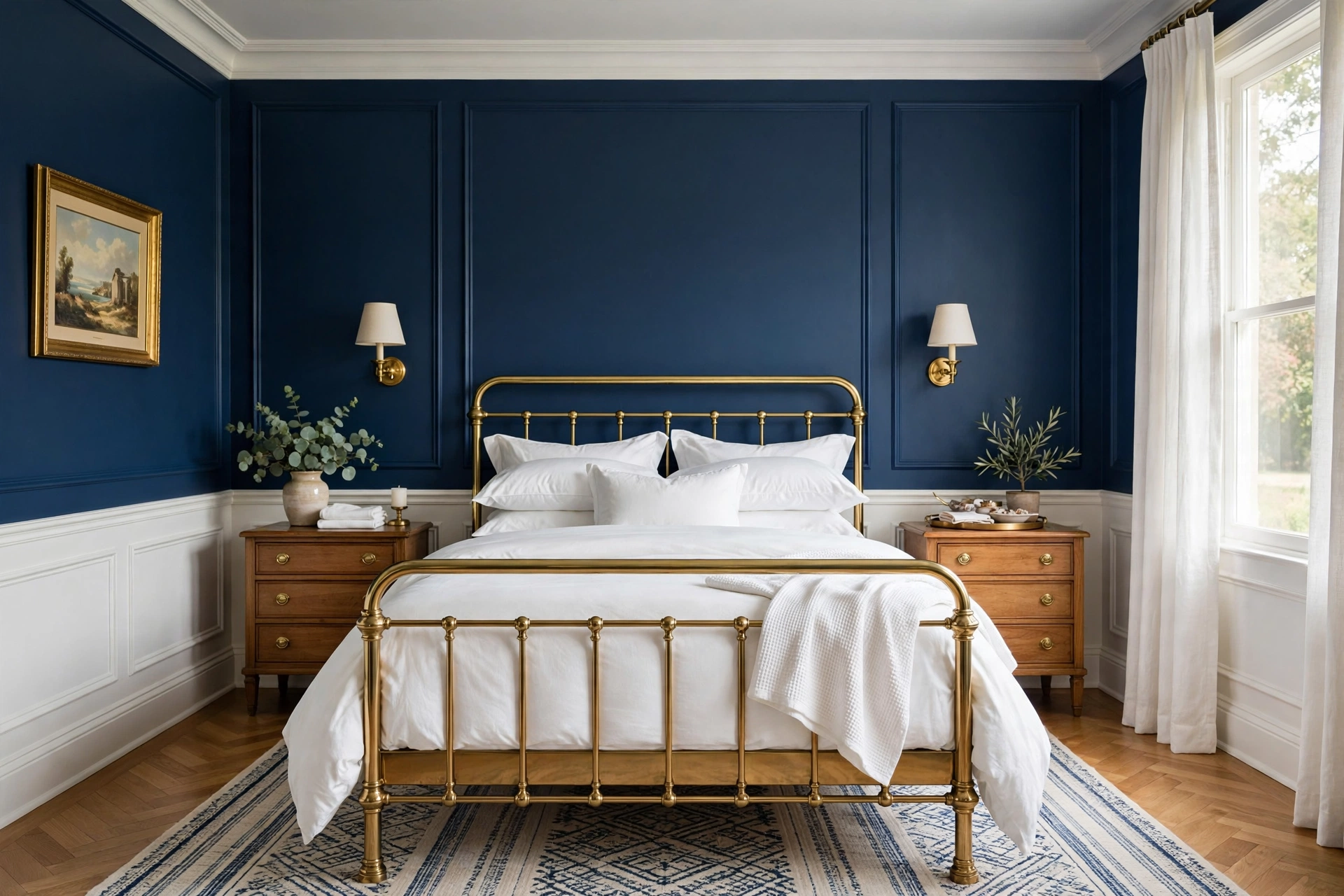 Classic bedroom with navy walls brass bed frame and crisp white bedding