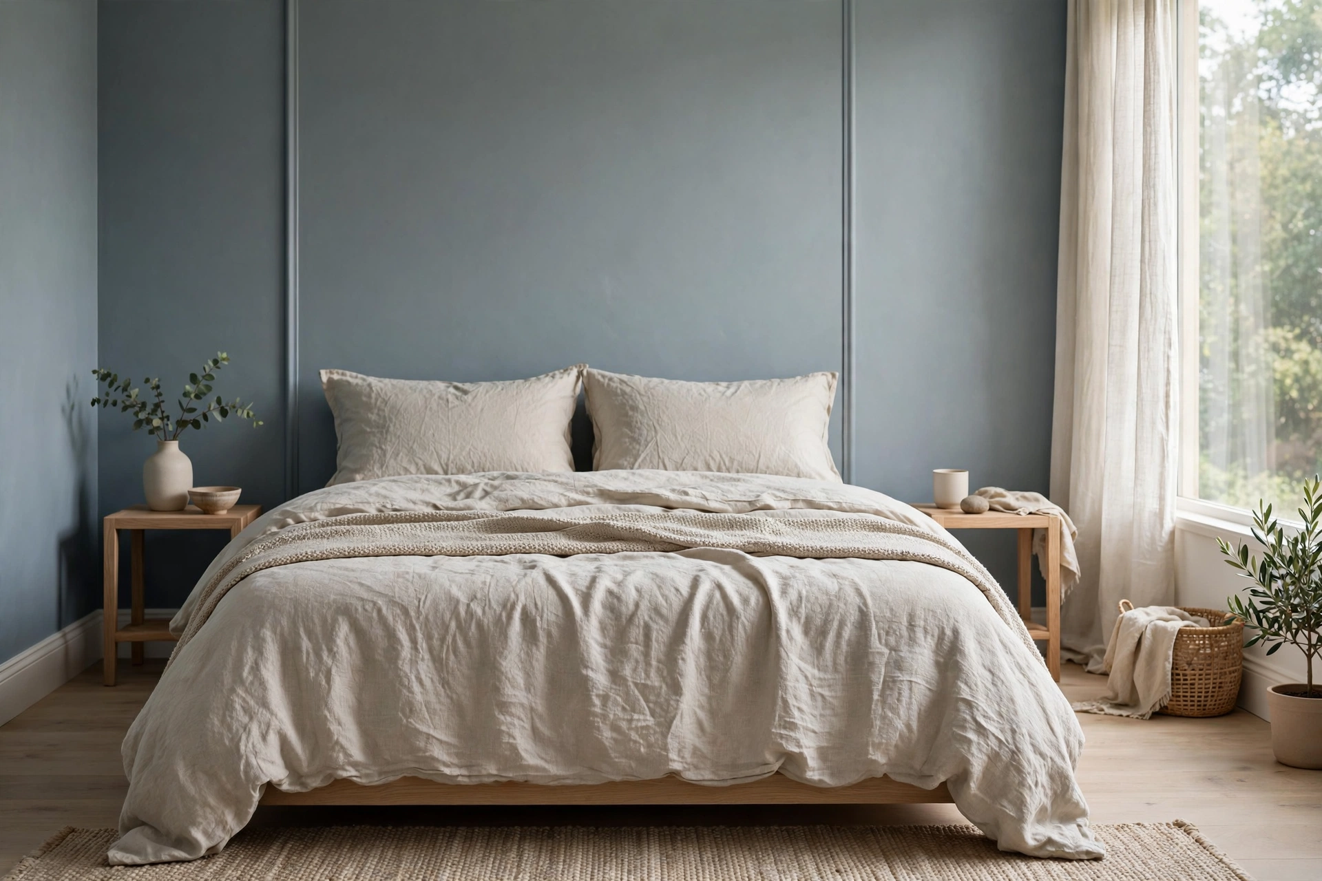 Calm bedroom with dusty blue walls and natural oatmeal linen bedding