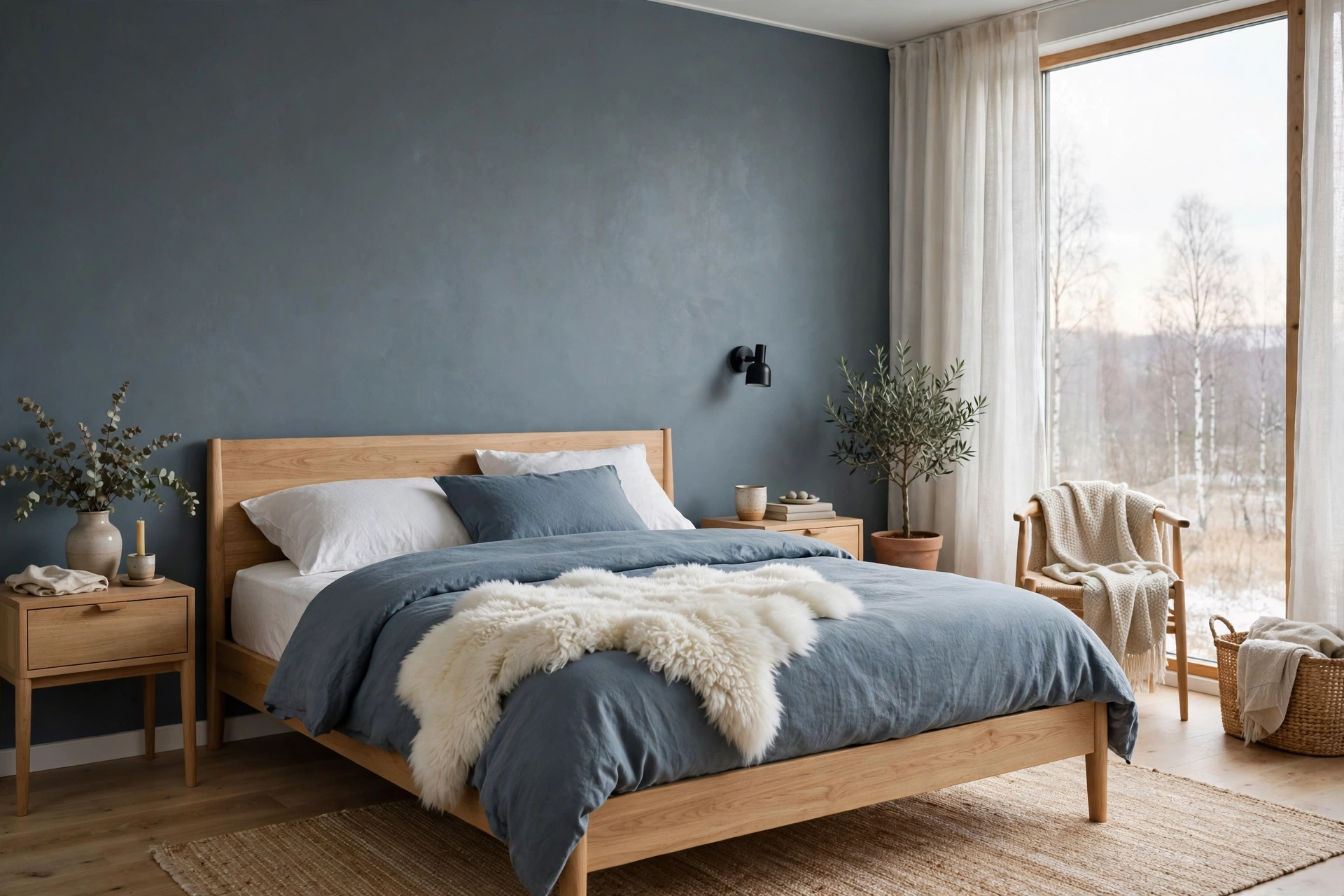 Scandinavian bedroom with slate blue accent wall light oak furniture