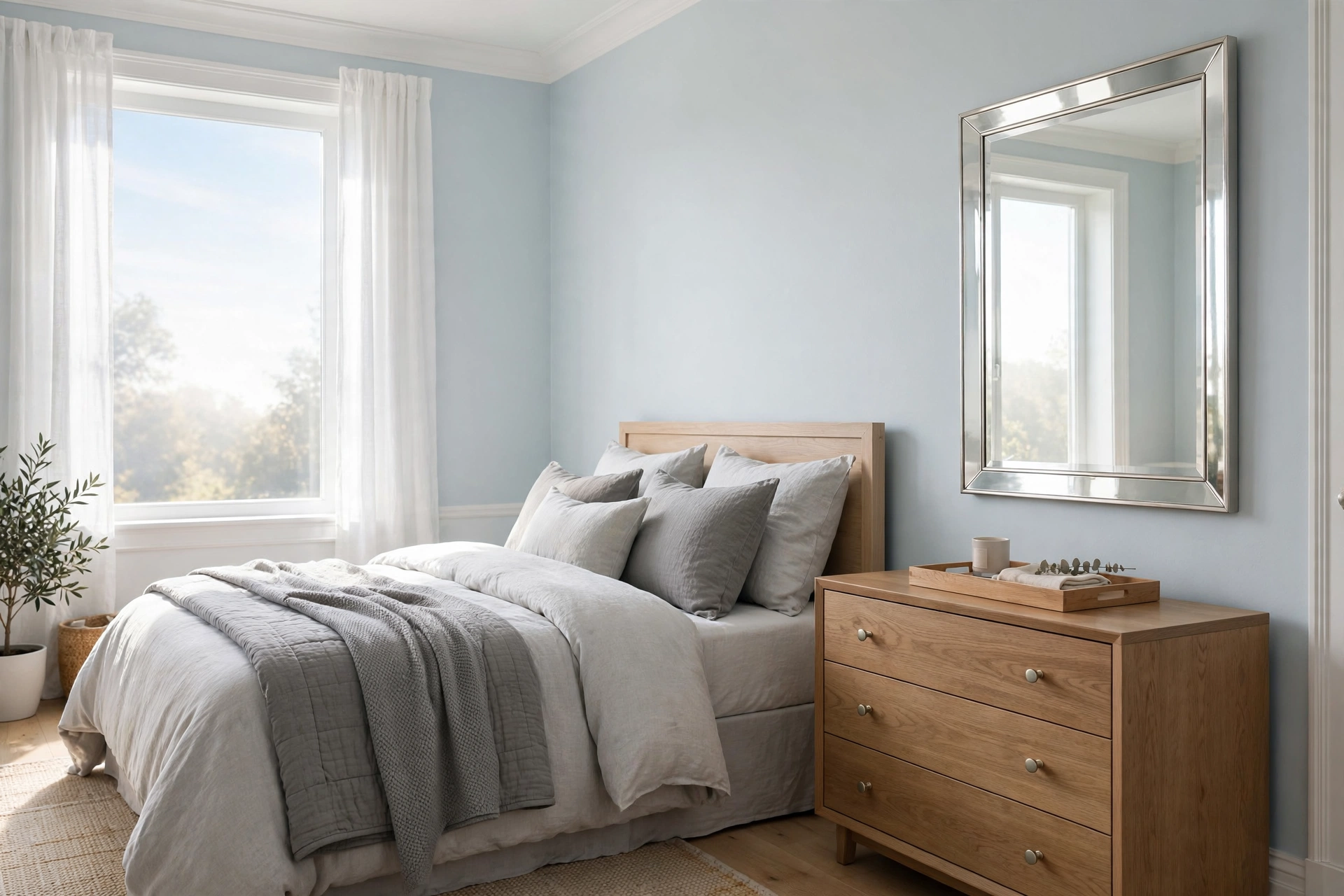 Airy bedroom with powder blue walls layered gray bedding and white trim