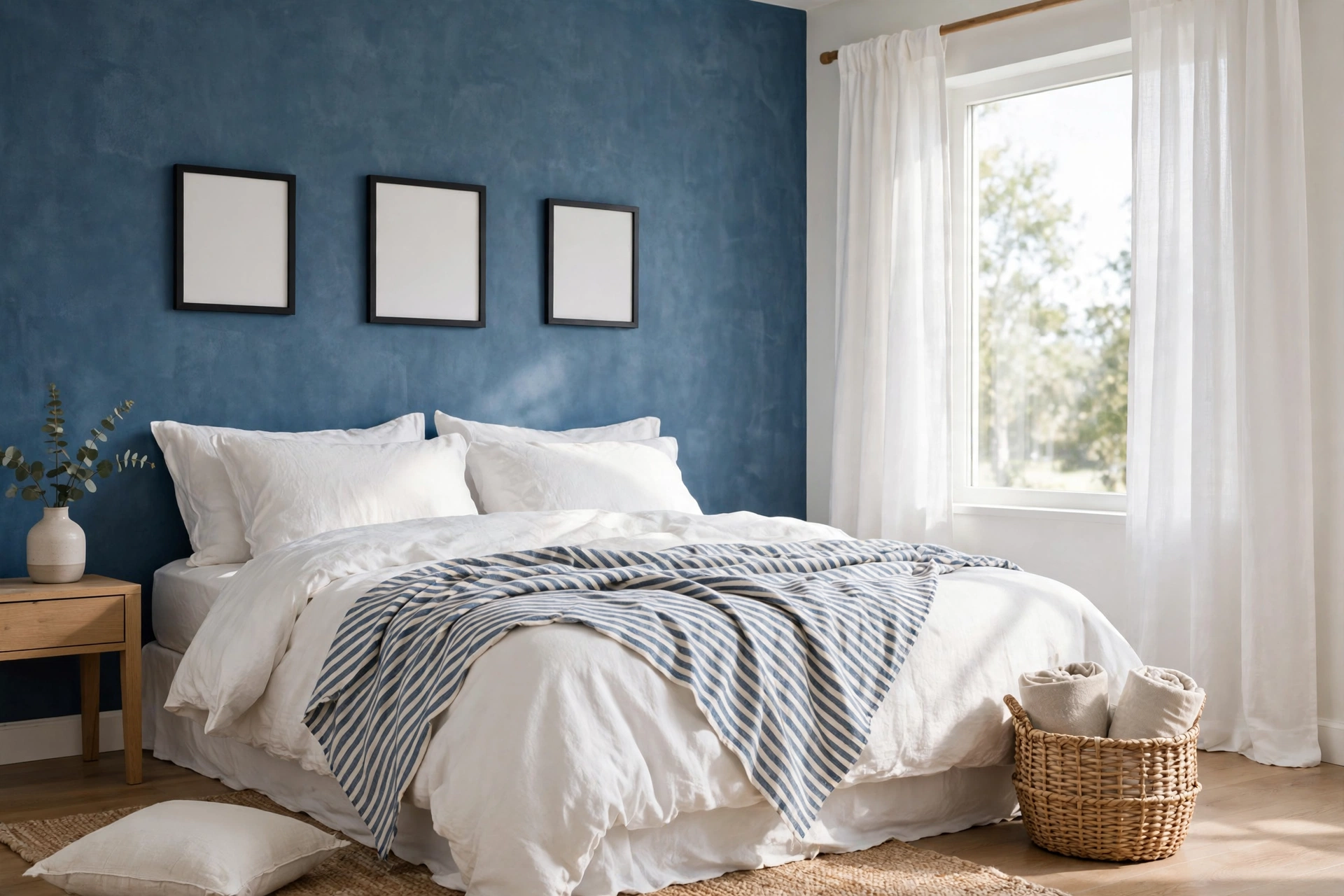 Casual bedroom with denim blue accent wall white bedding and striped throw
