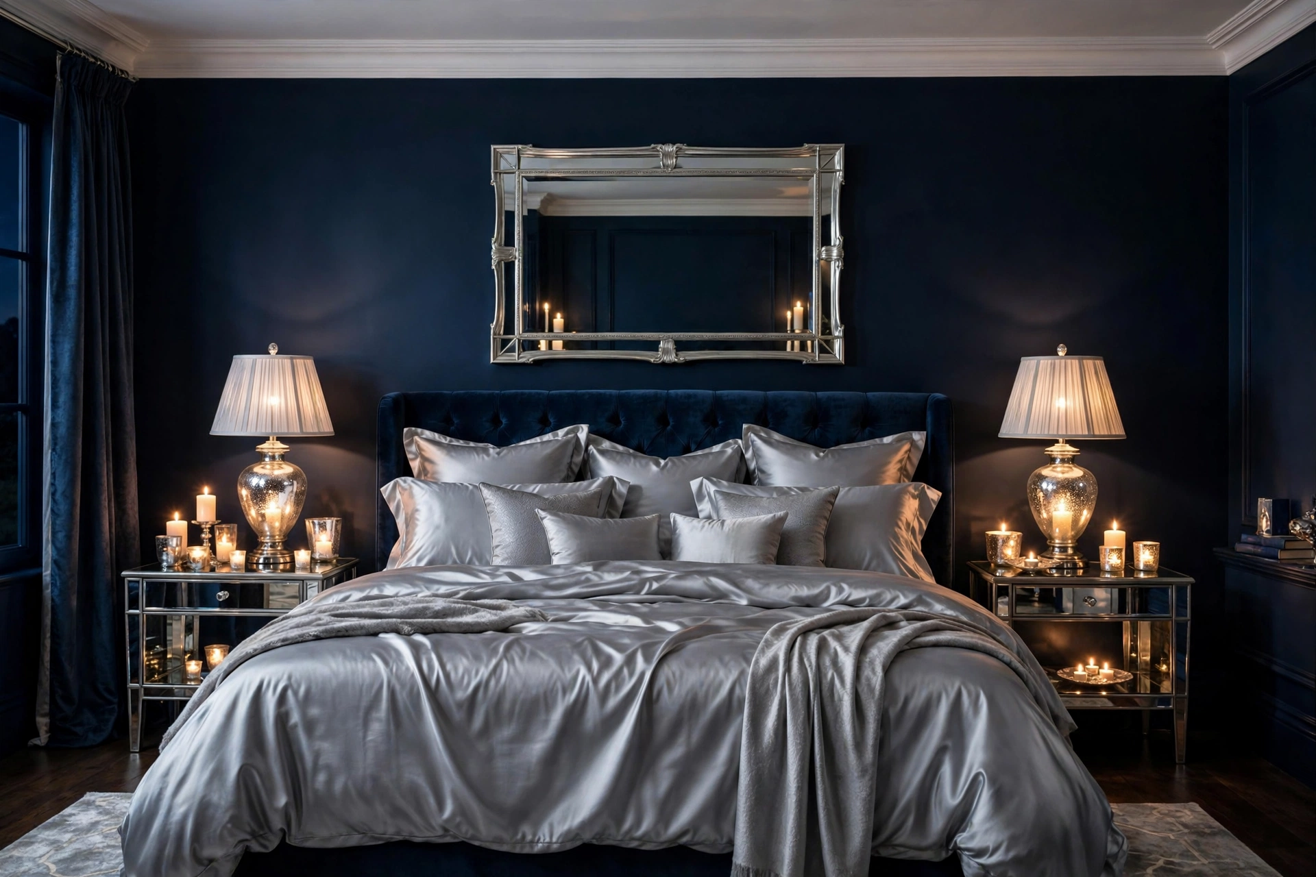 Glamorous bedroom with midnight blue walls silver mirror and silk bedding