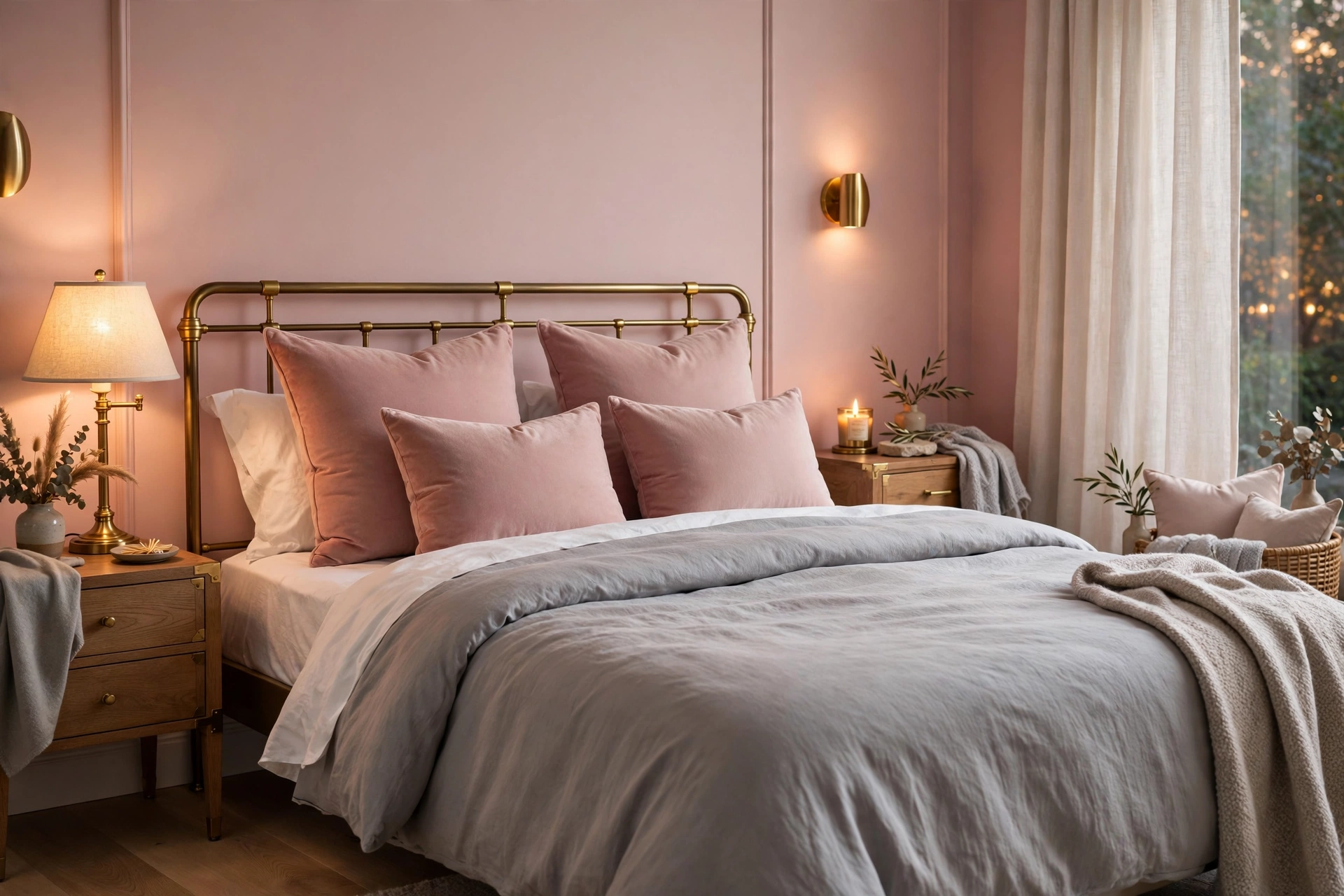 Romantic bedroom with blush pink walls soft gray bedding and velvet cushions