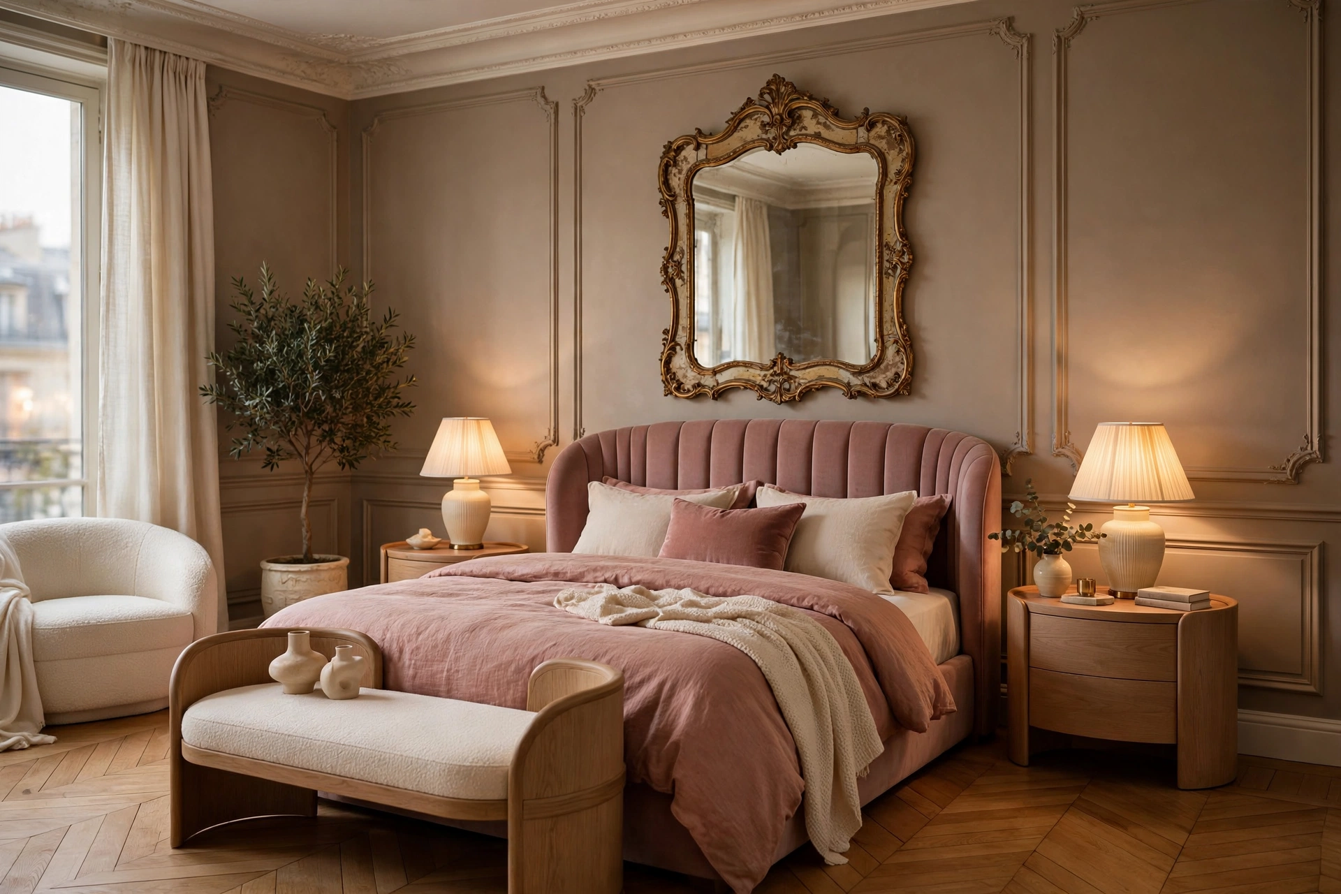 Luxurious bedroom with taupe walls rose upholstered headboard and bedding