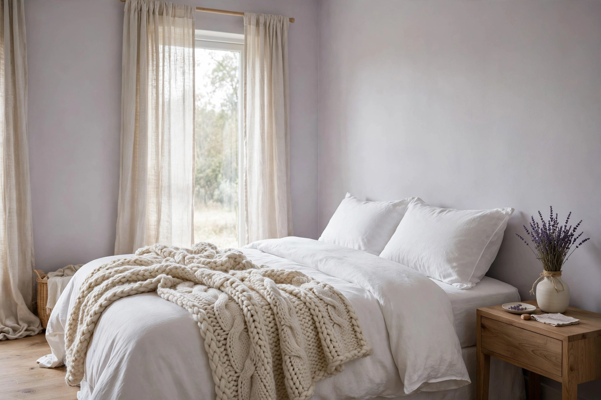 Serene bedroom with lavender gray walls white bedding and knit throw