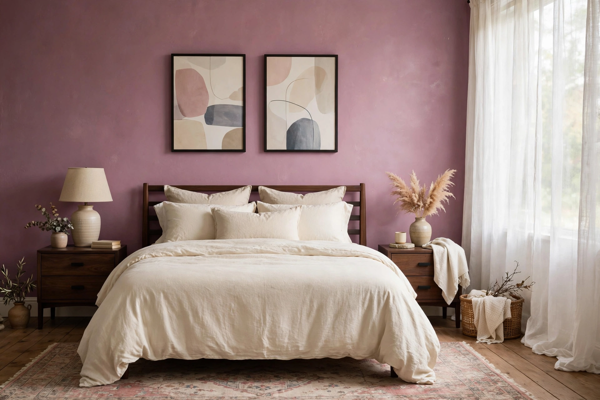 Nostalgic bedroom with mauve walls cream bedding and modern nightstands