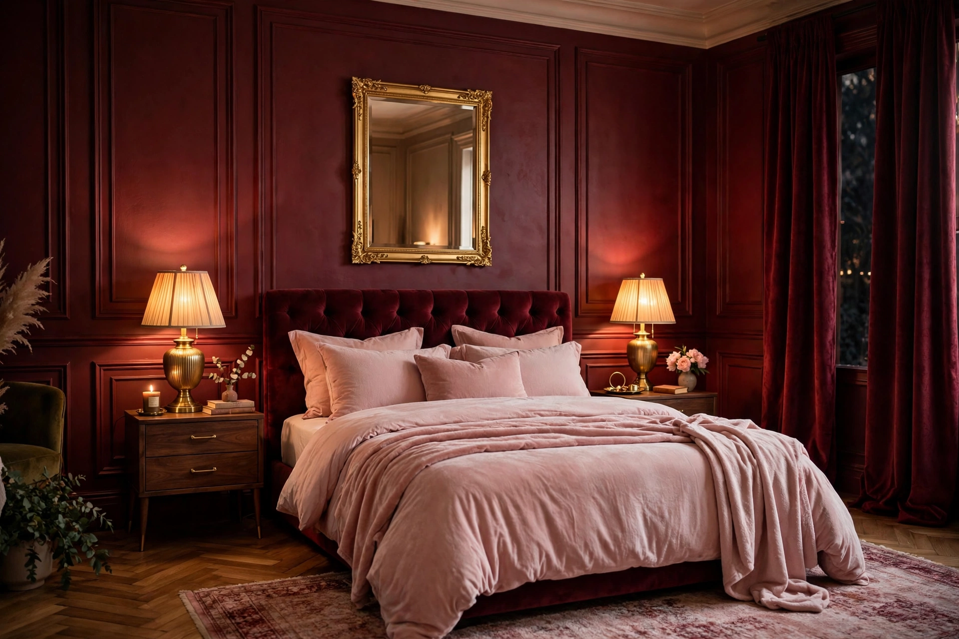 Dramatic bedroom with burgundy accent wall blush bedding and gold mirror