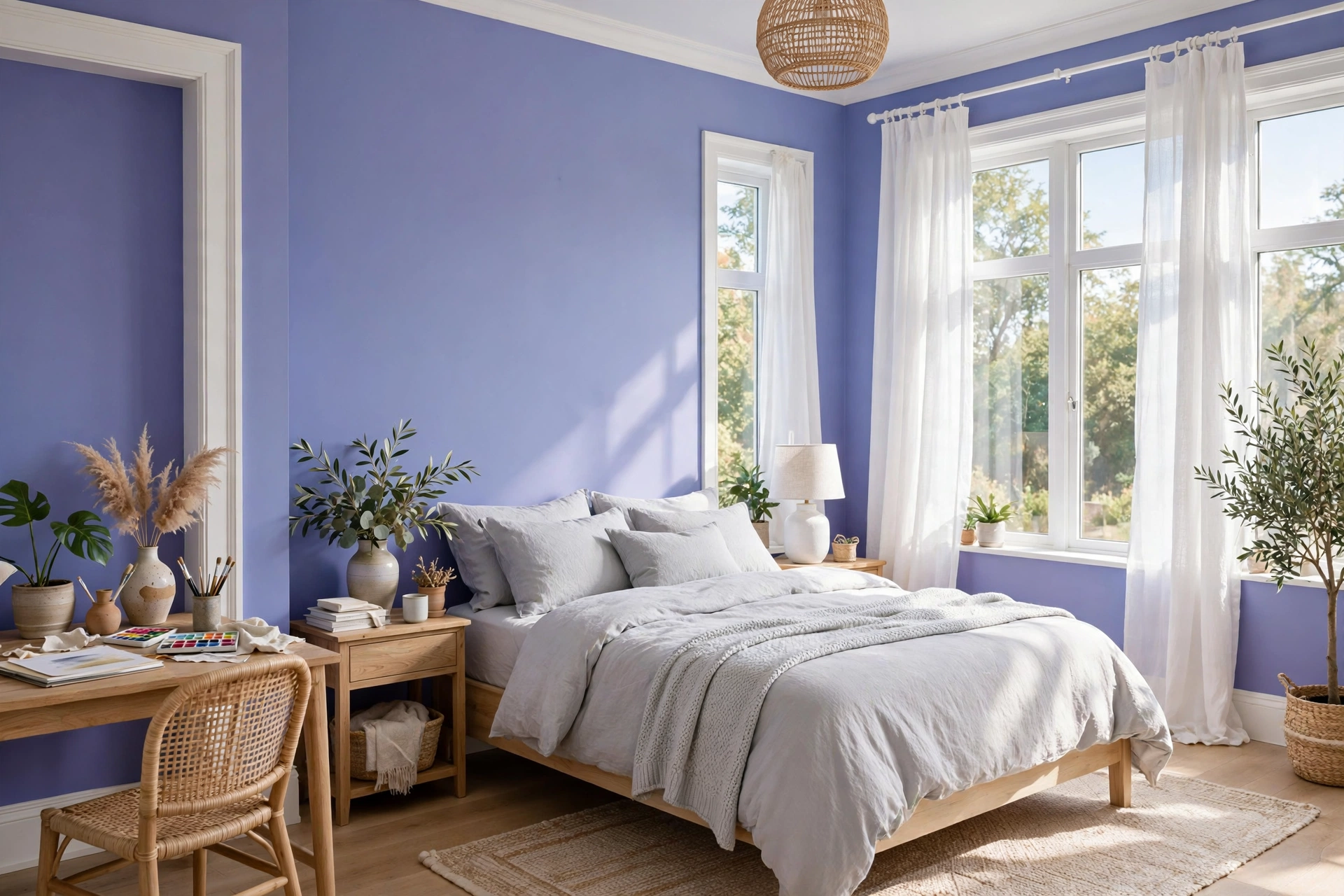 Dreamy bedroom with periwinkle walls gray bedding and white trim