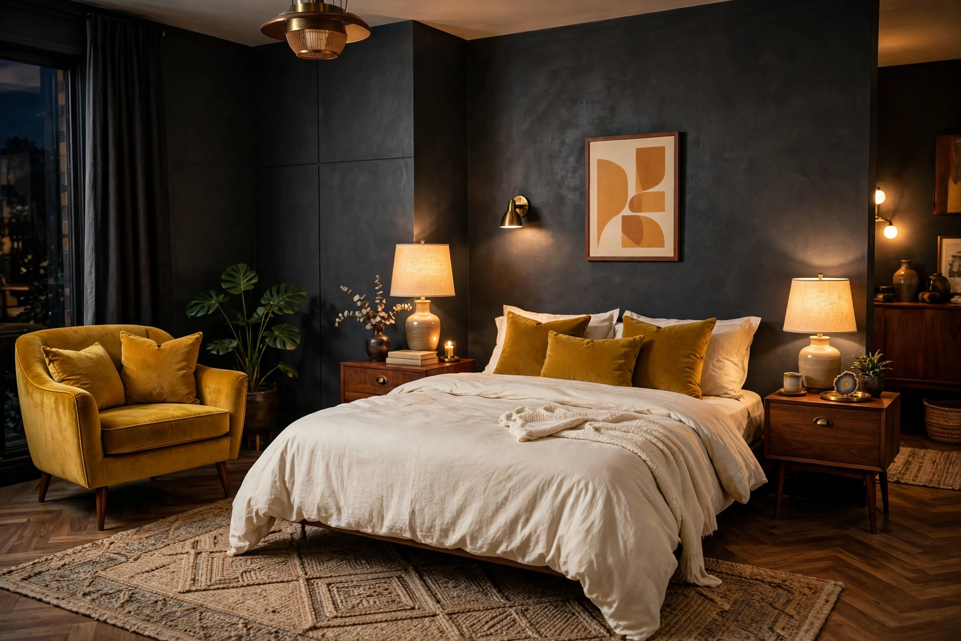 Dramatic bedroom with charcoal walls mustard velvet armchair and cream bedding