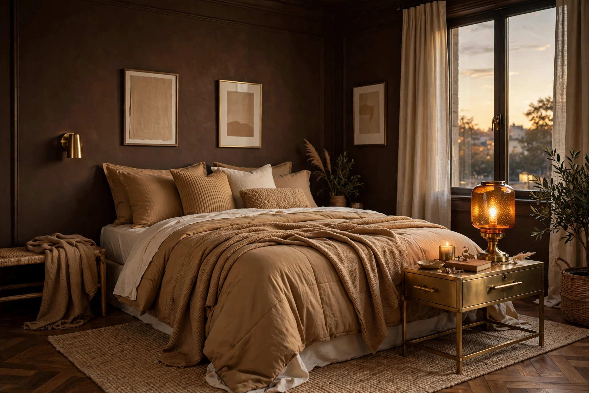 Sophisticated bedroom with chocolate walls camel bedding and brass accents