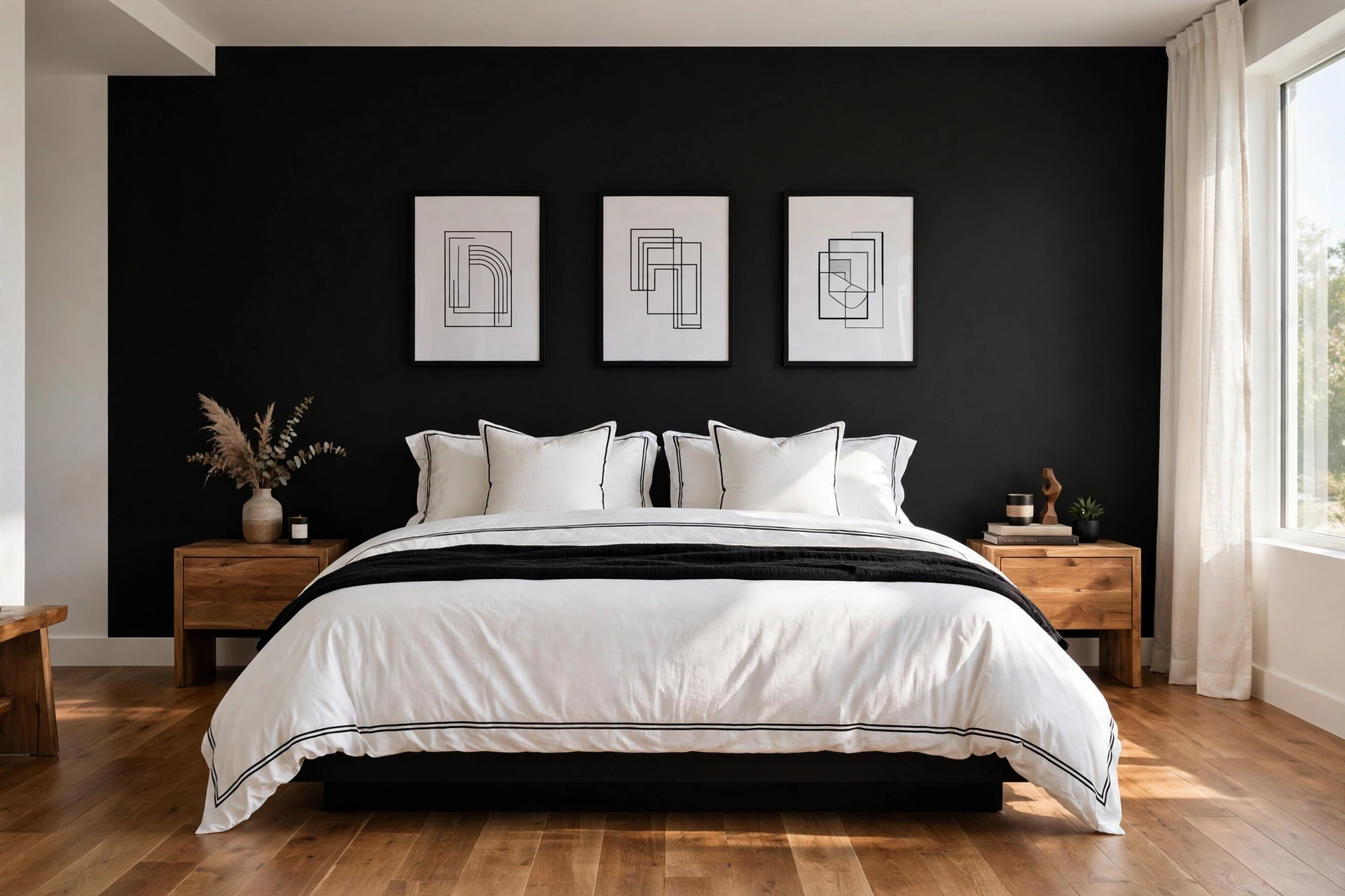 Graphic bedroom with black accent wall white bedding and natural wood floor