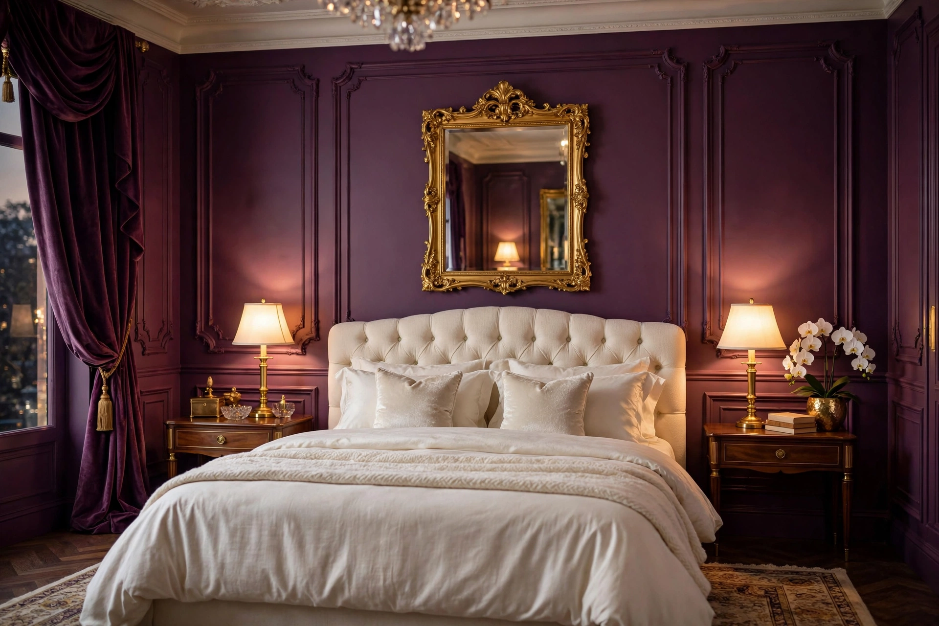 Regal bedroom with plum walls gold mirror and ivory bedding