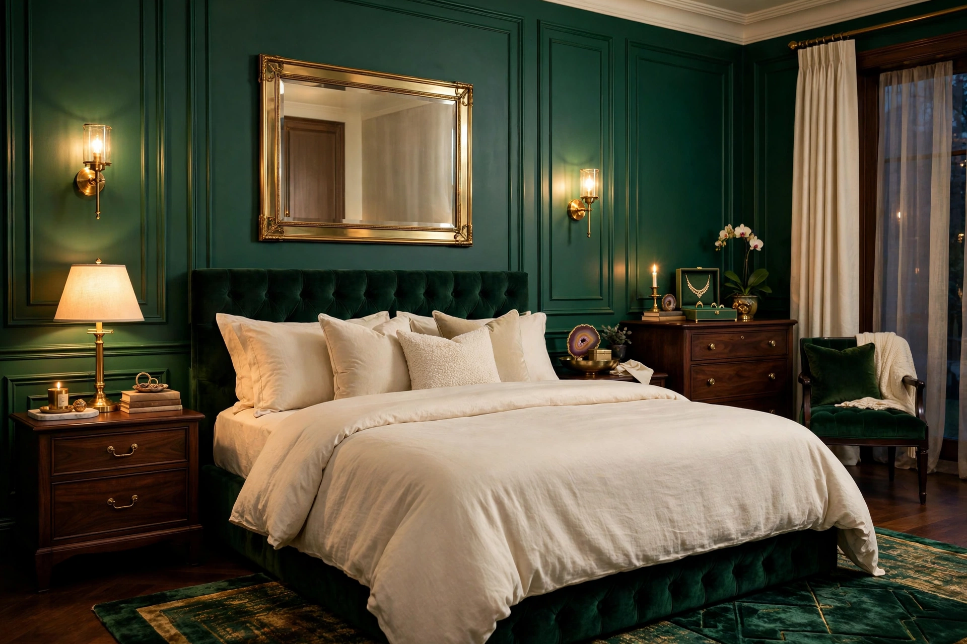 Luxurious bedroom with emerald green walls brass fixtures and cream bedding