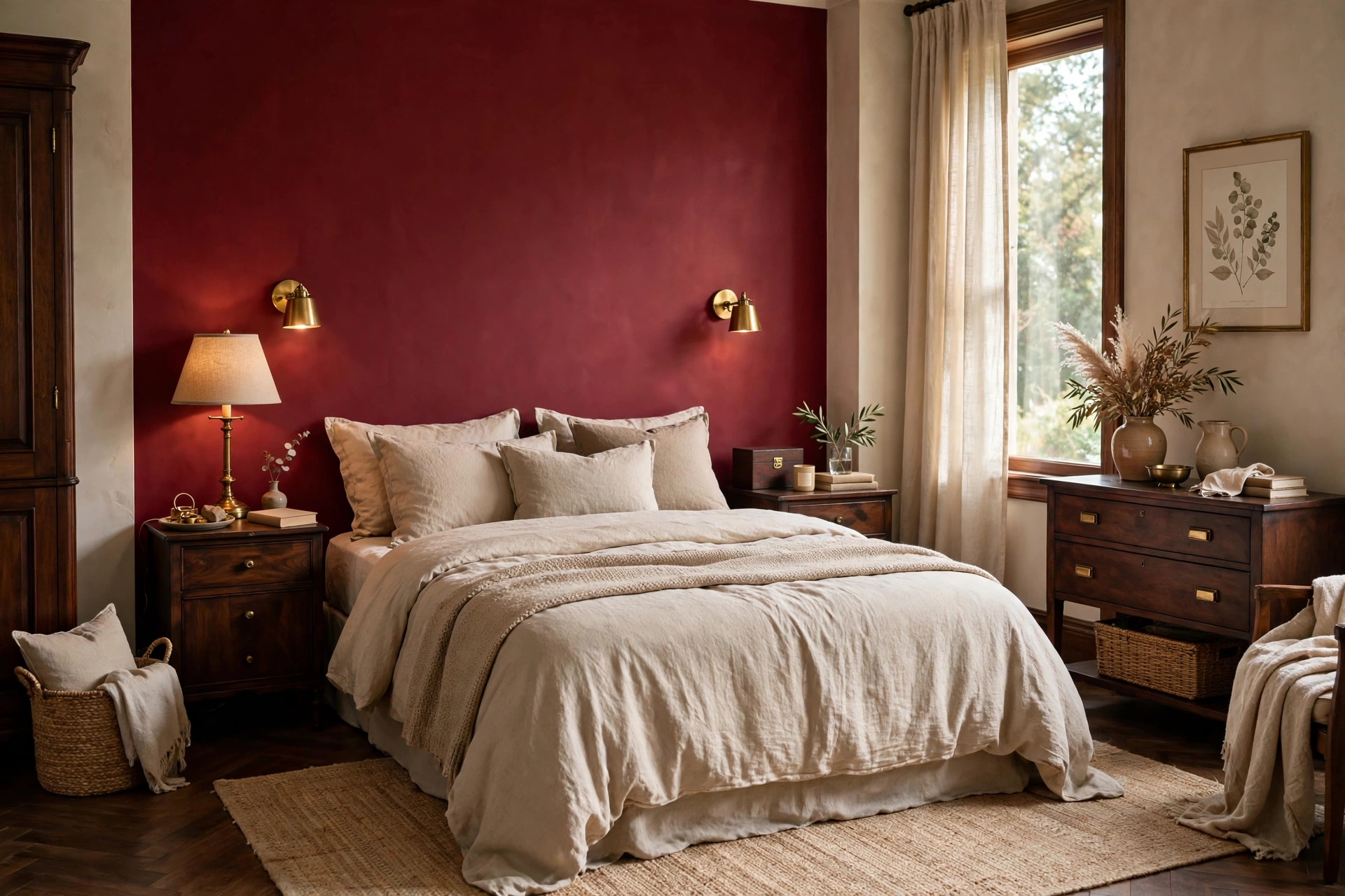 Elegant bedroom with cranberry accent wall beige bedding and brass accents