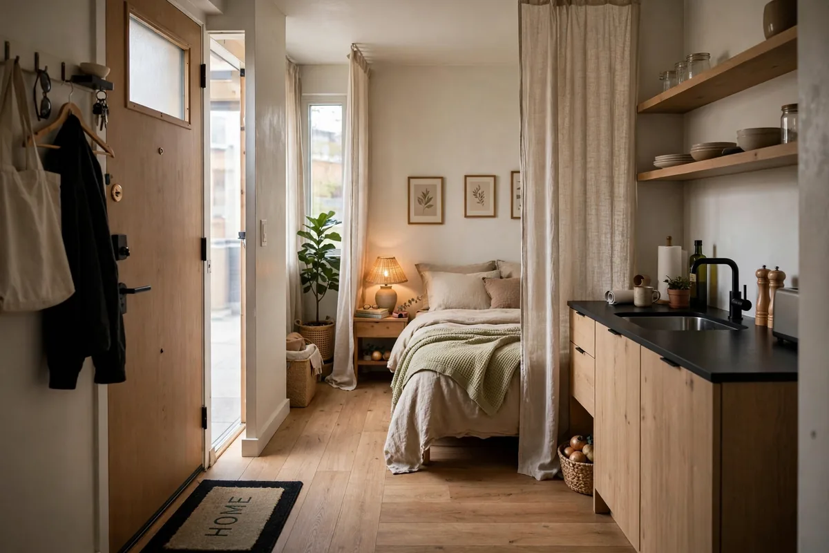 Bed tucked into the farthest corner of a small studio apartment bedroom zone