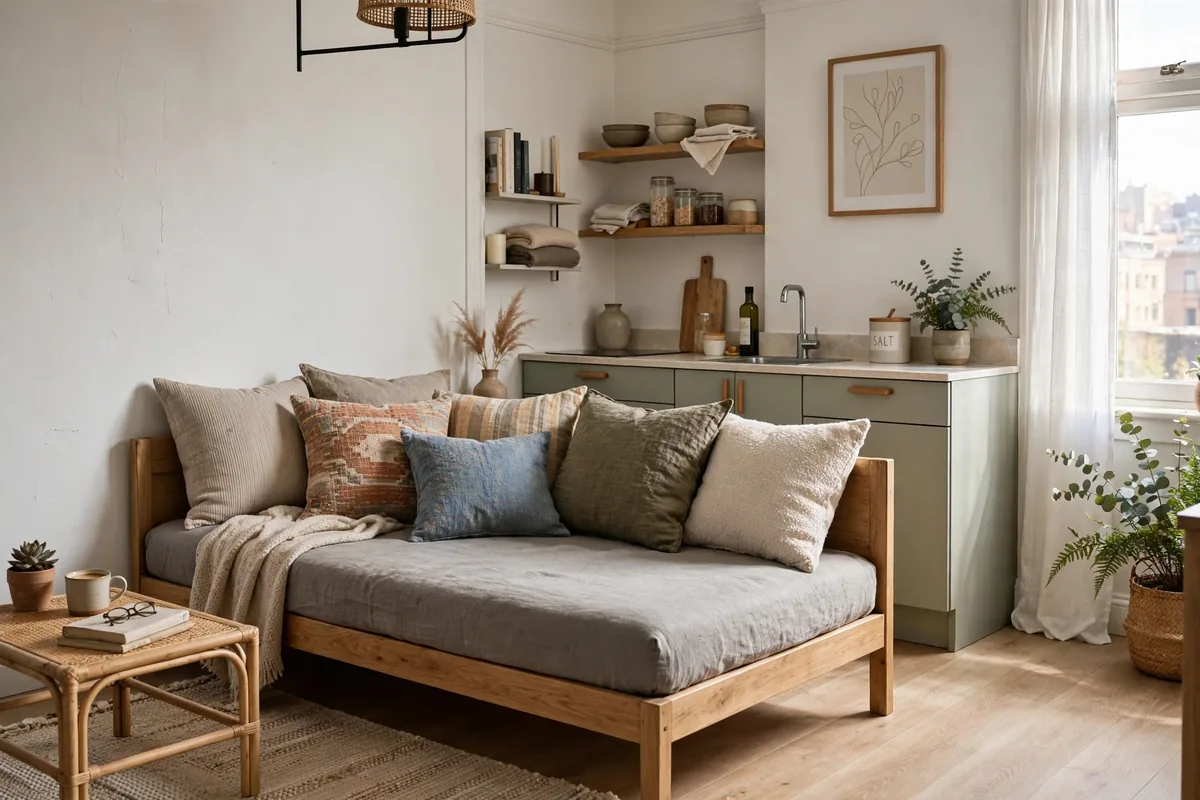 Daybed styled as a sofa by day in a small studio apartment bedroom