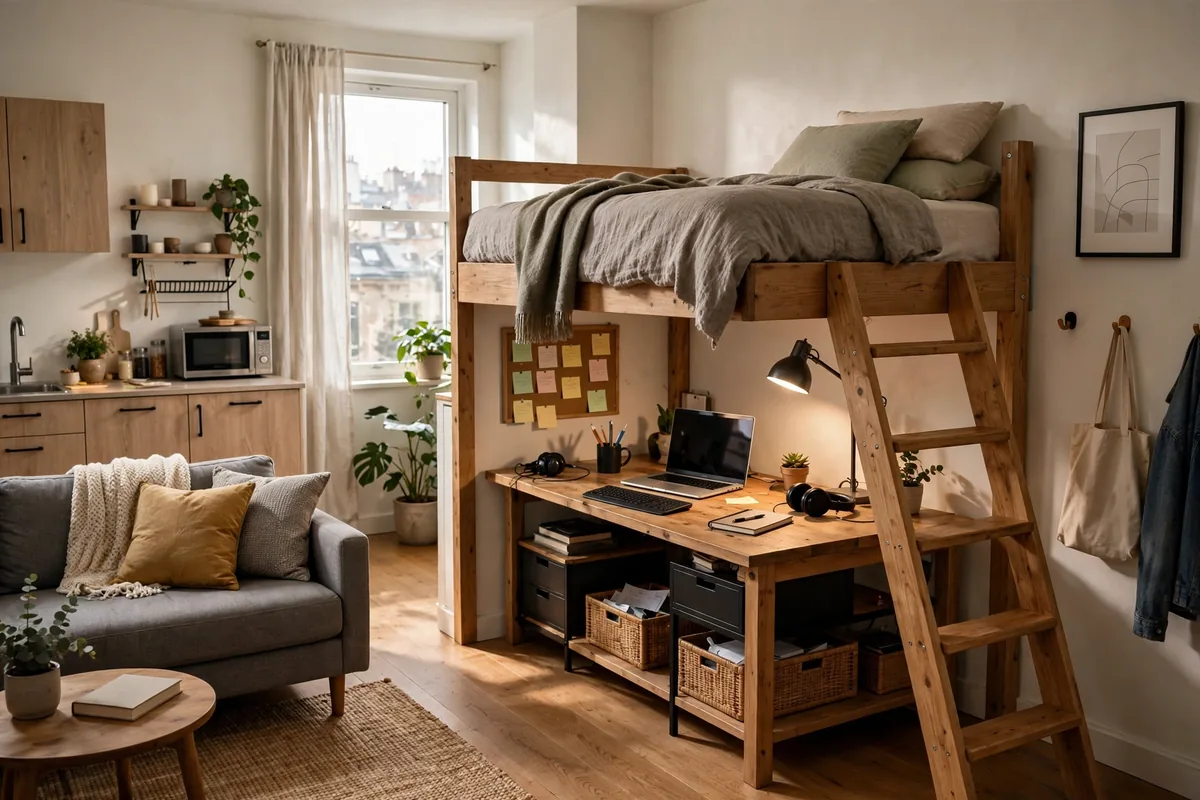 Loft bed with desk underneath maximizing floor space in a studio apartment