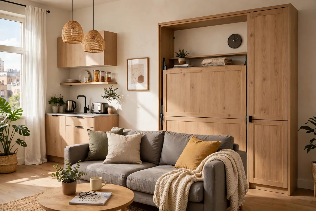 Murphy bed folded against the wall in a small studio apartment