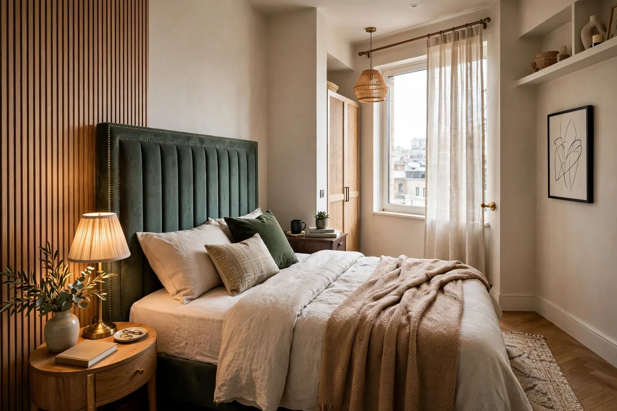Bed angled slightly off the wall for a boutique hotel feel in a studio