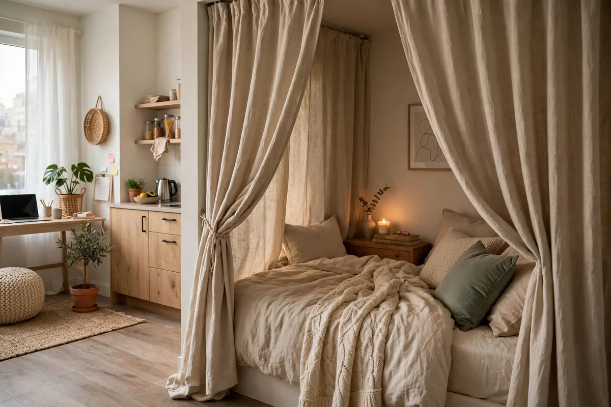 Curtains drawn around a bed creating a private nook in a studio apartment
