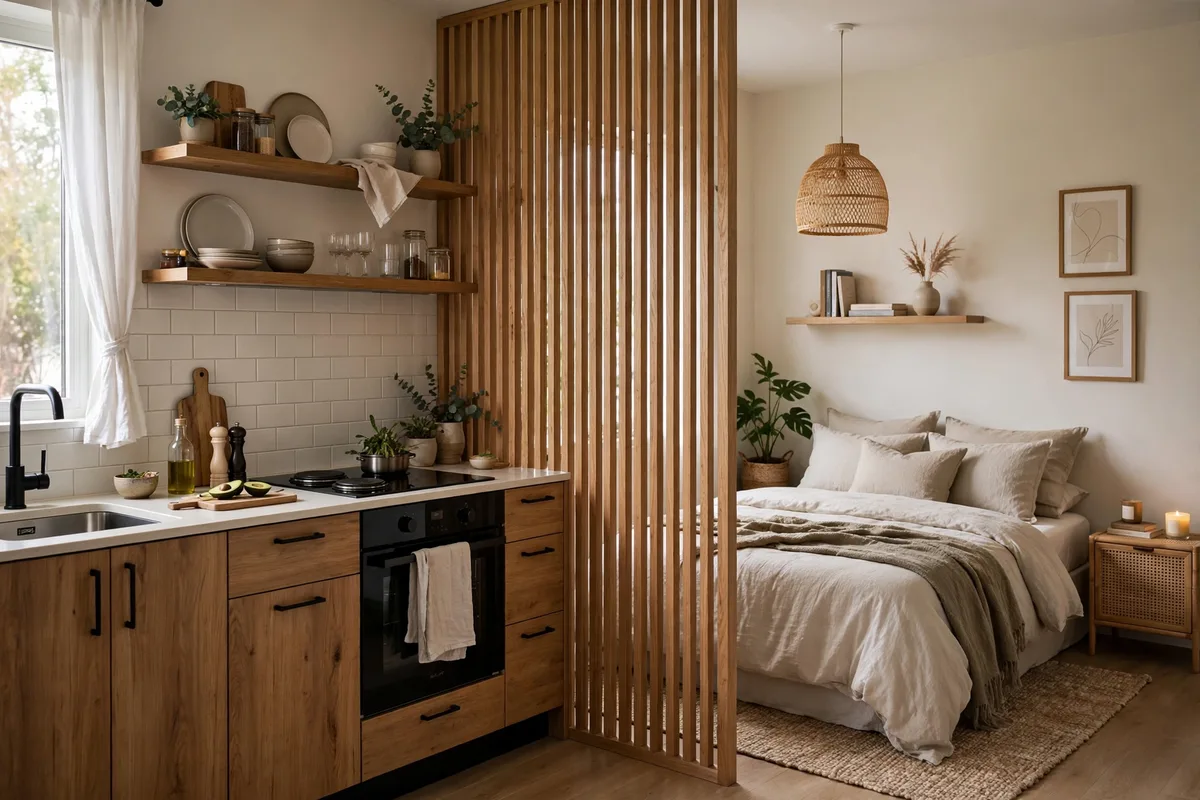 Studio bed oriented away from the kitchen for better rest