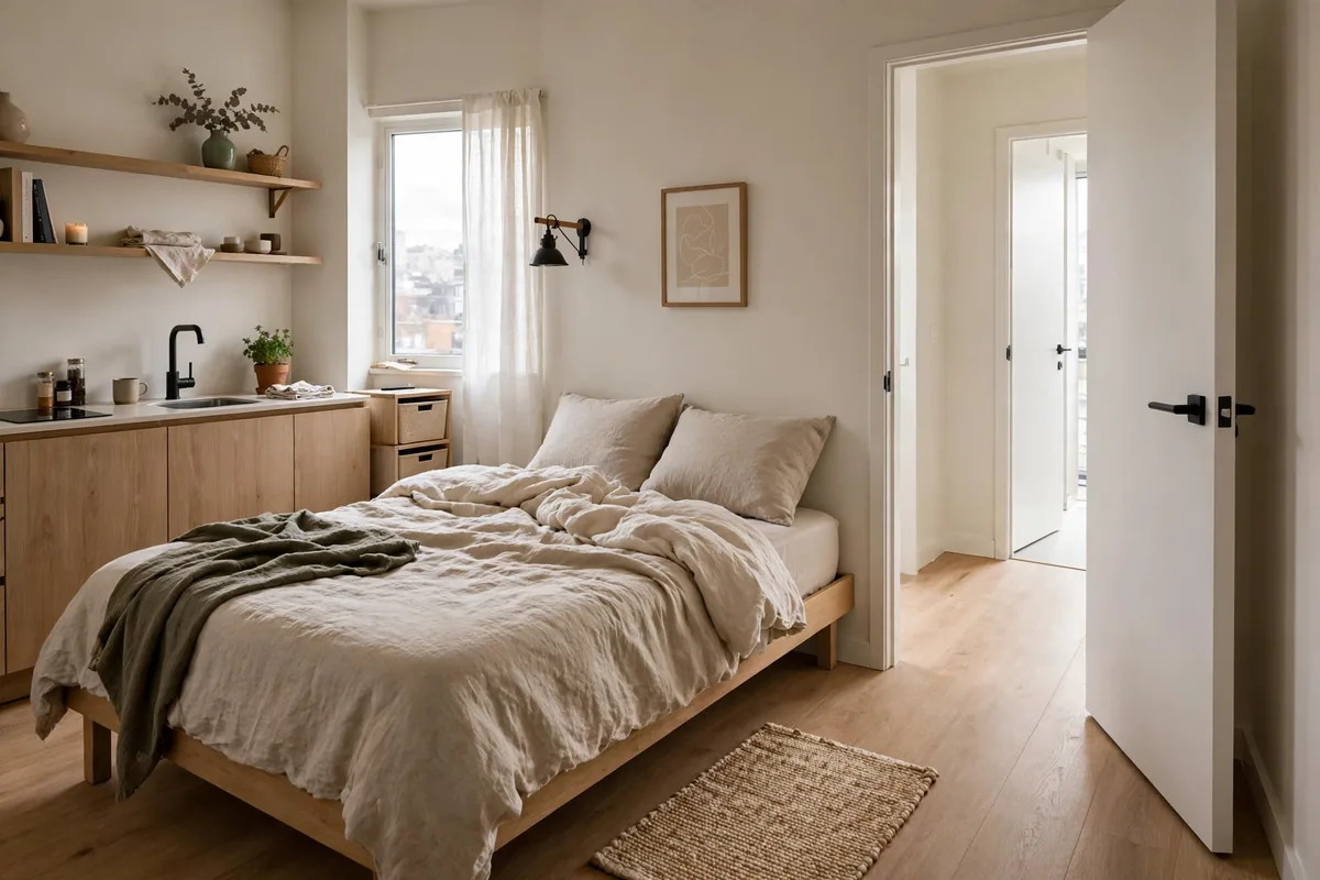 Clear floor space on the exit side of a bed in a small studio bedroom