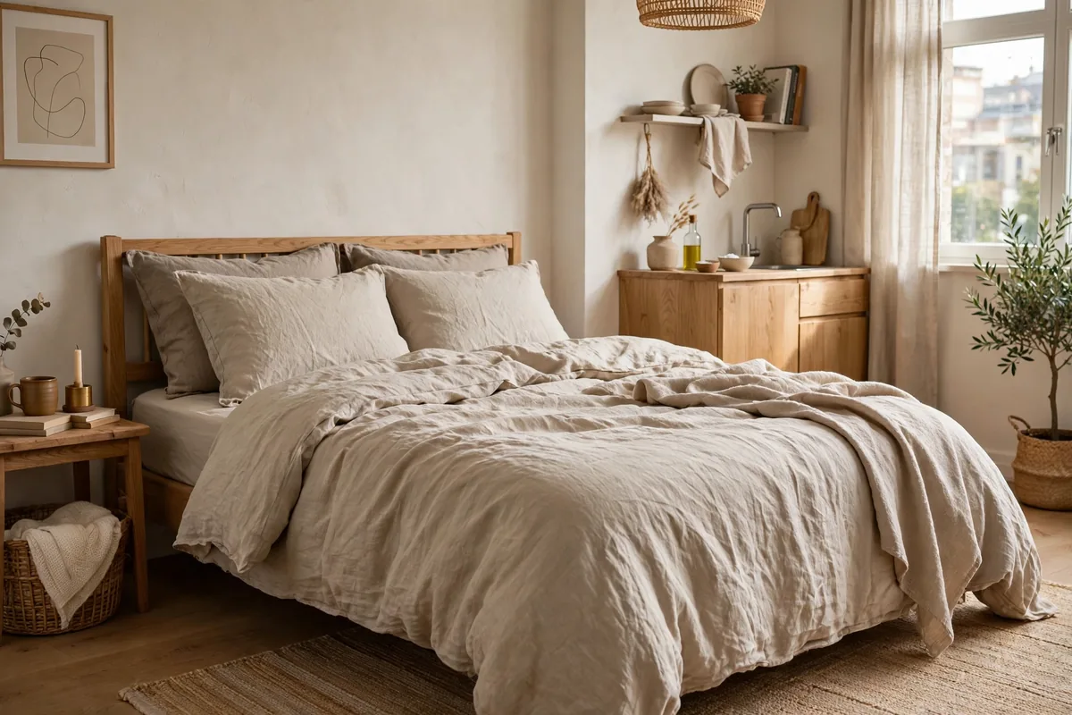 Rumpled linen bedding in warm neutrals on a studio apartment bed