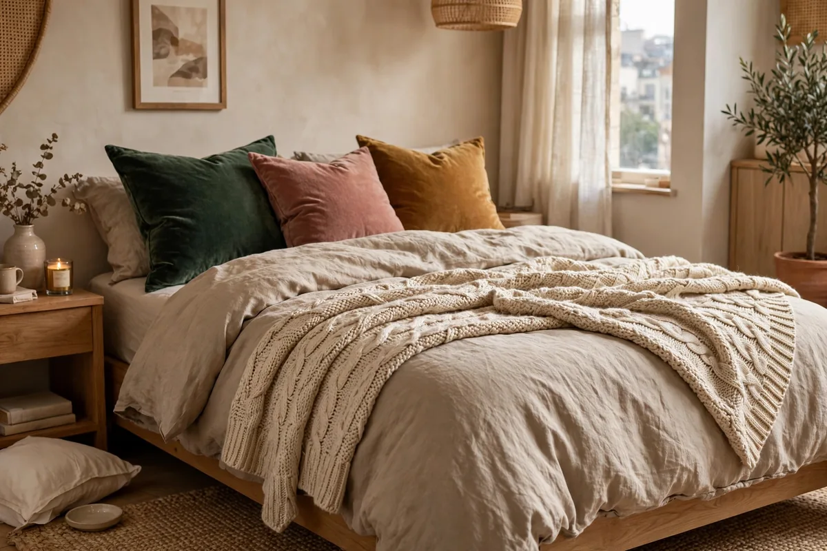 Bed layered with three different textures in a cozy studio bedroom
