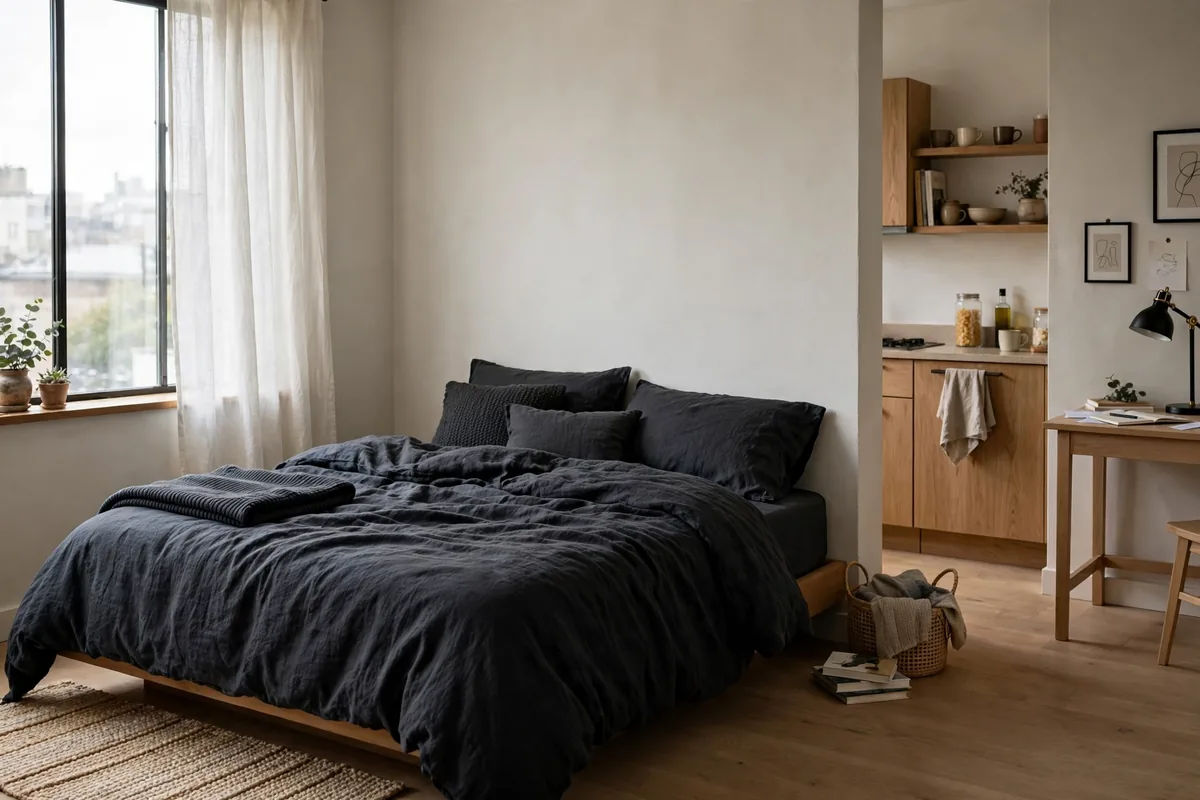 Dark moody duvet cover creating a cocooning feel on a studio bed