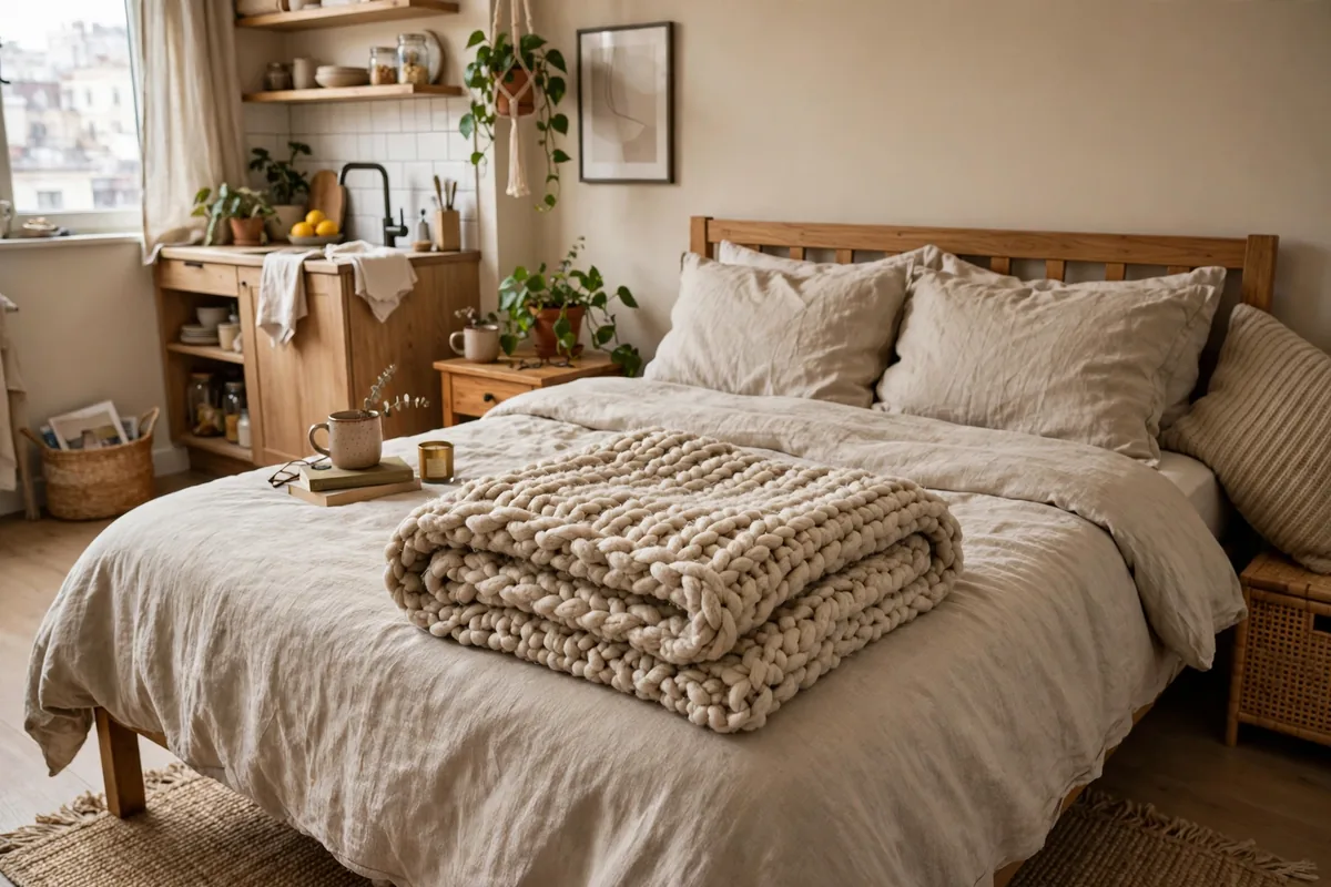 Chunky knit throw folded at the foot of a bed in a small studio bedroom