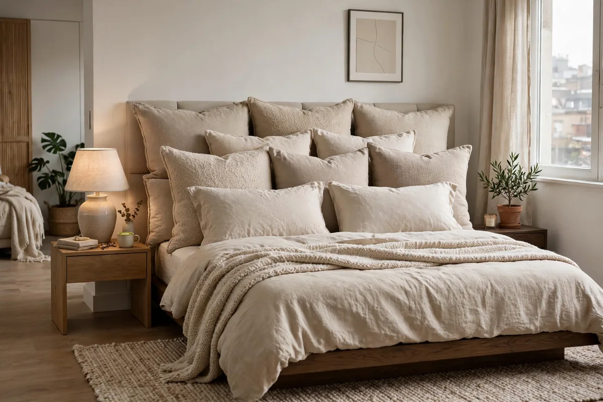 Euro pillows styled against a headboard in a cozy studio bedroom