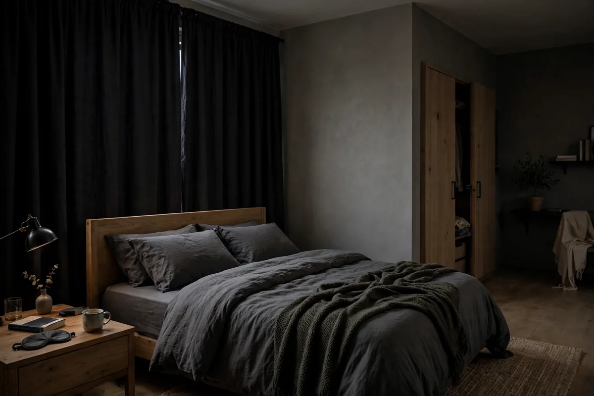 Blackout curtains blocking light in a small studio apartment bedroom