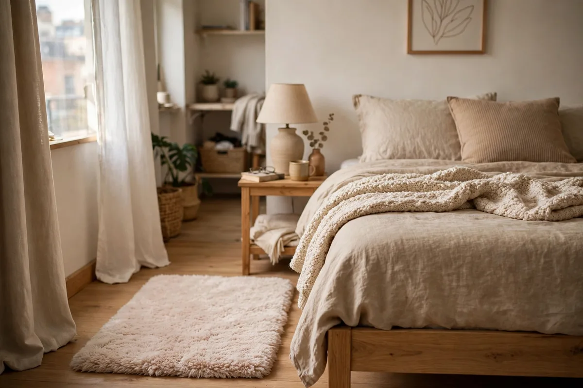 Soft bedside rug beside a bed in a small studio bedroom