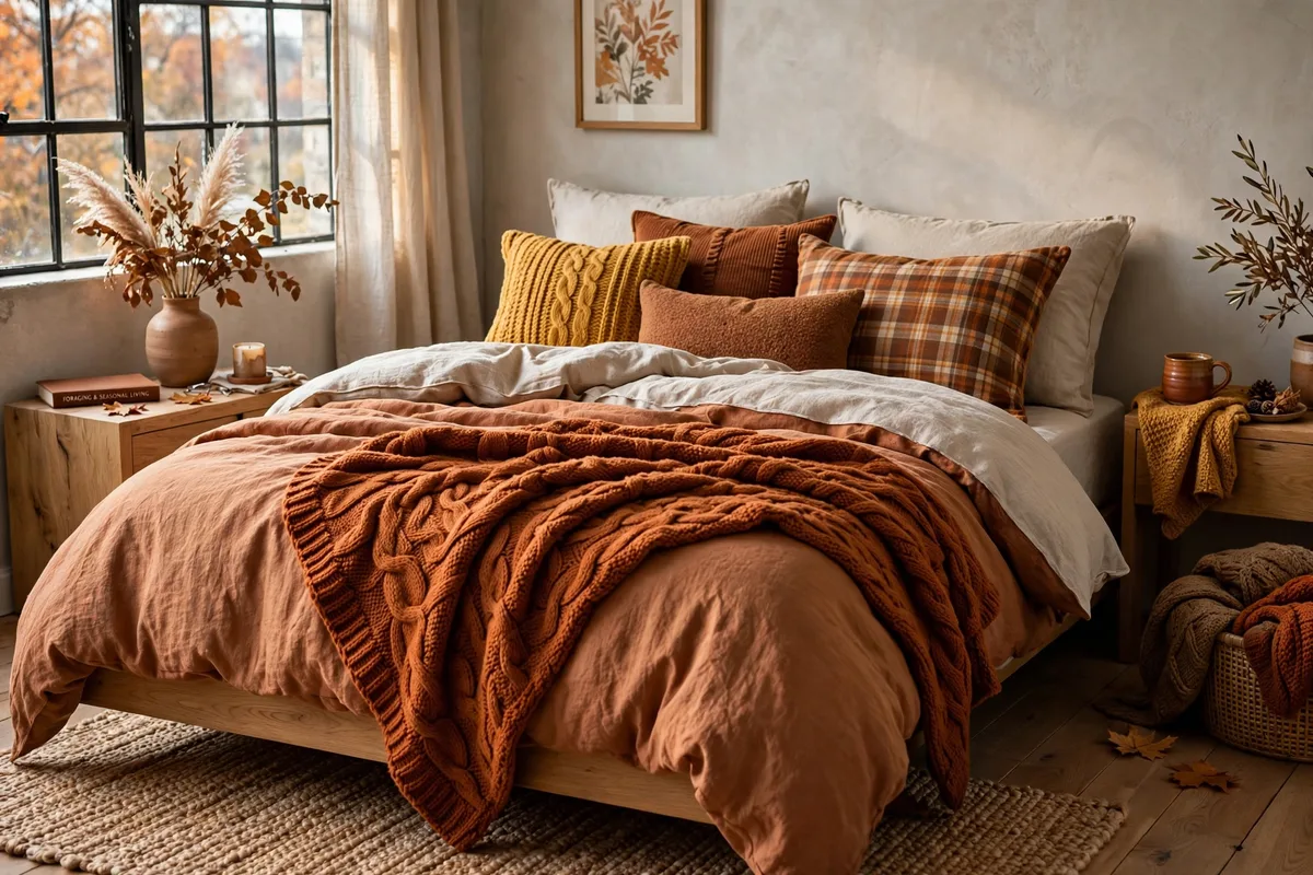 Seasonal bedding swap with warm winter layers on a studio bed