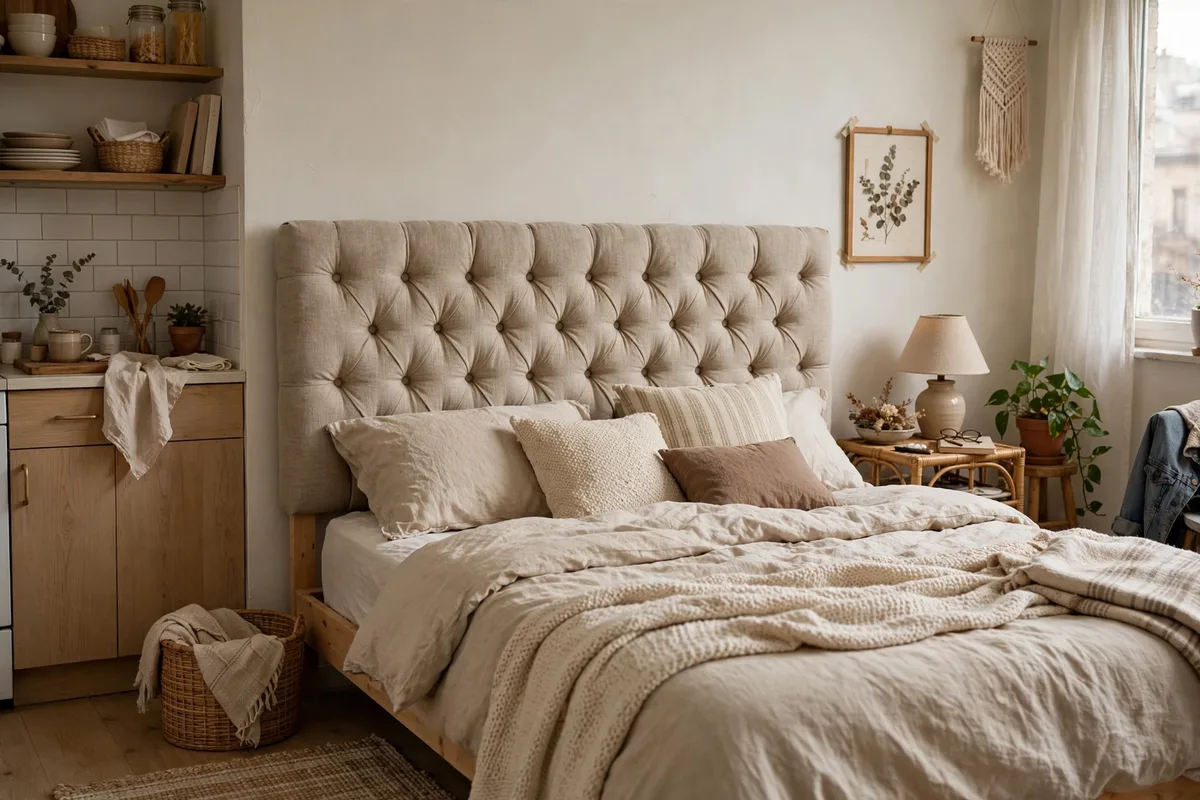 DIY upholstered headboard behind a bed in a small studio bedroom