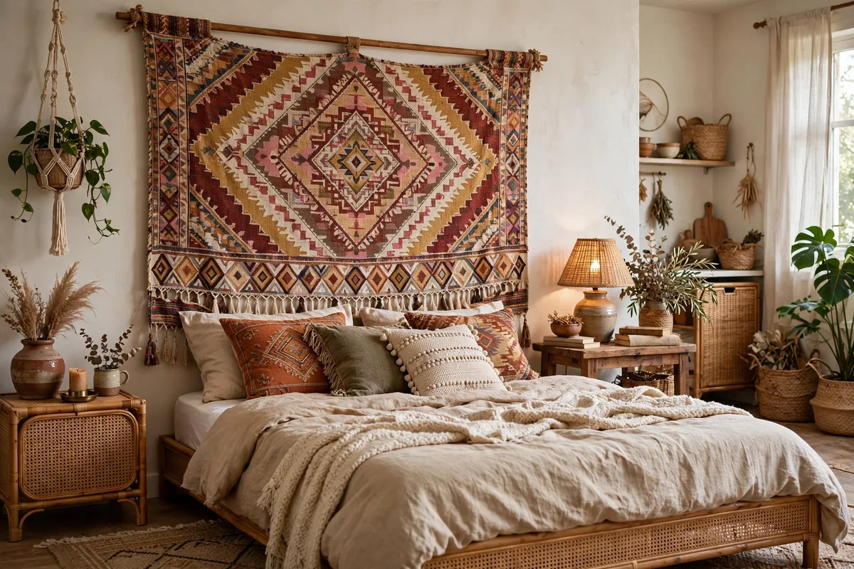 Woven tapestry hung as a headboard alternative in a studio bedroom