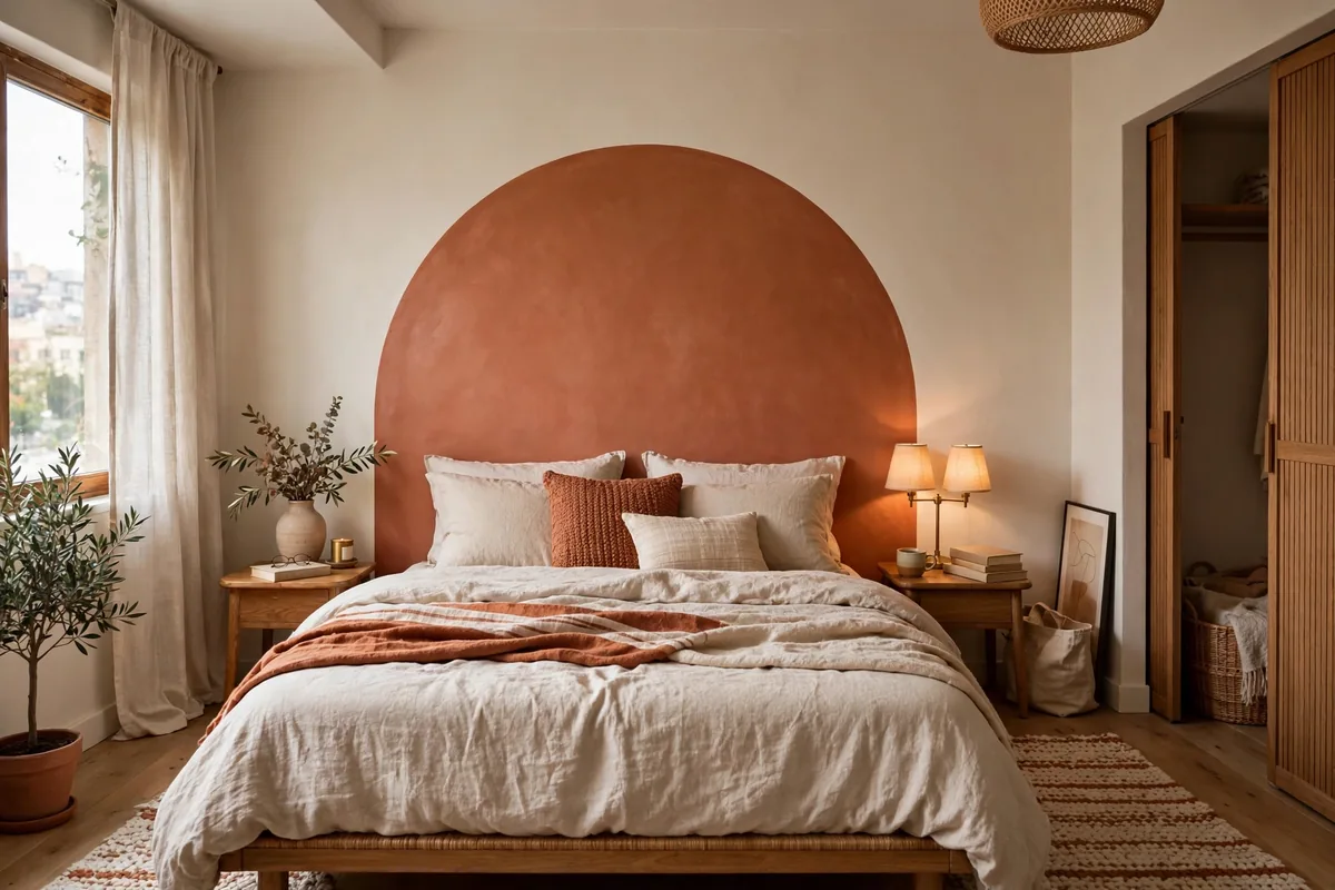 Painted arch accent behind a bed defining the sleep zone in a studio