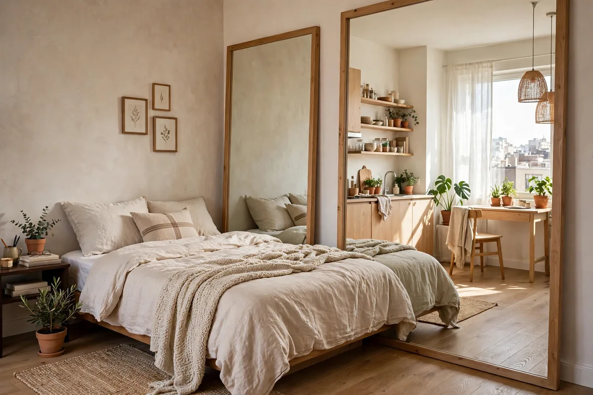 Large leaning mirror beside a bed making a small studio bedroom feel bigger