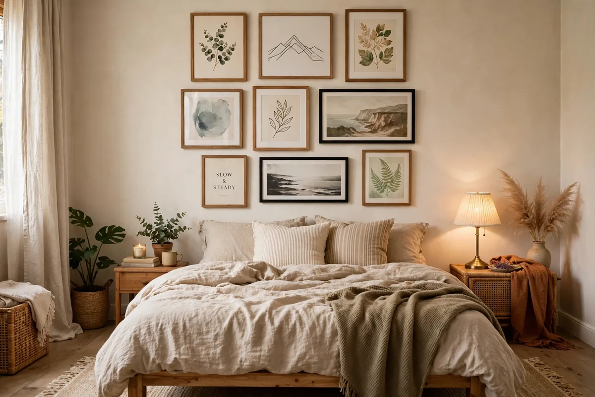 Gallery wall of framed art above a bed in a studio apartment bedroom