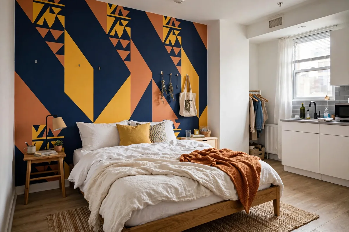 Peel-and-stick wallpaper accent wall behind a bed in a rental studio bedroom