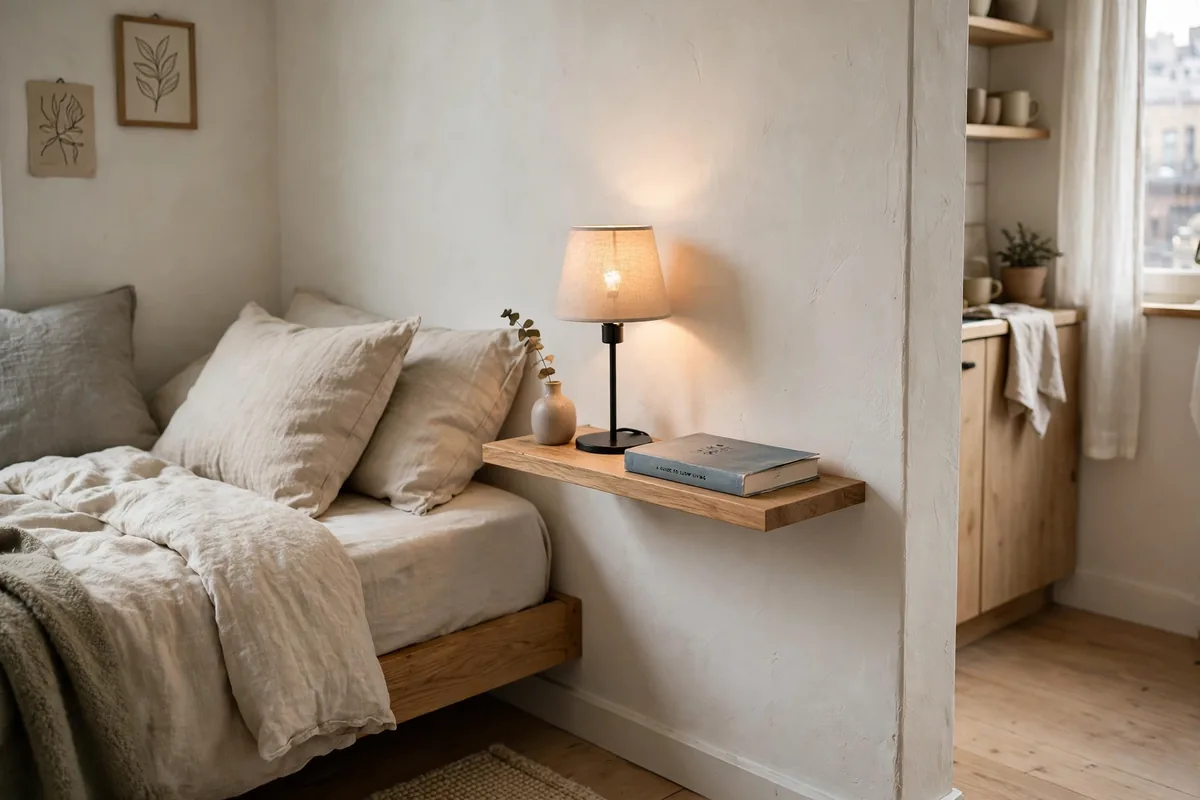 Floating shelves used as nightstands beside a bed in a tiny studio